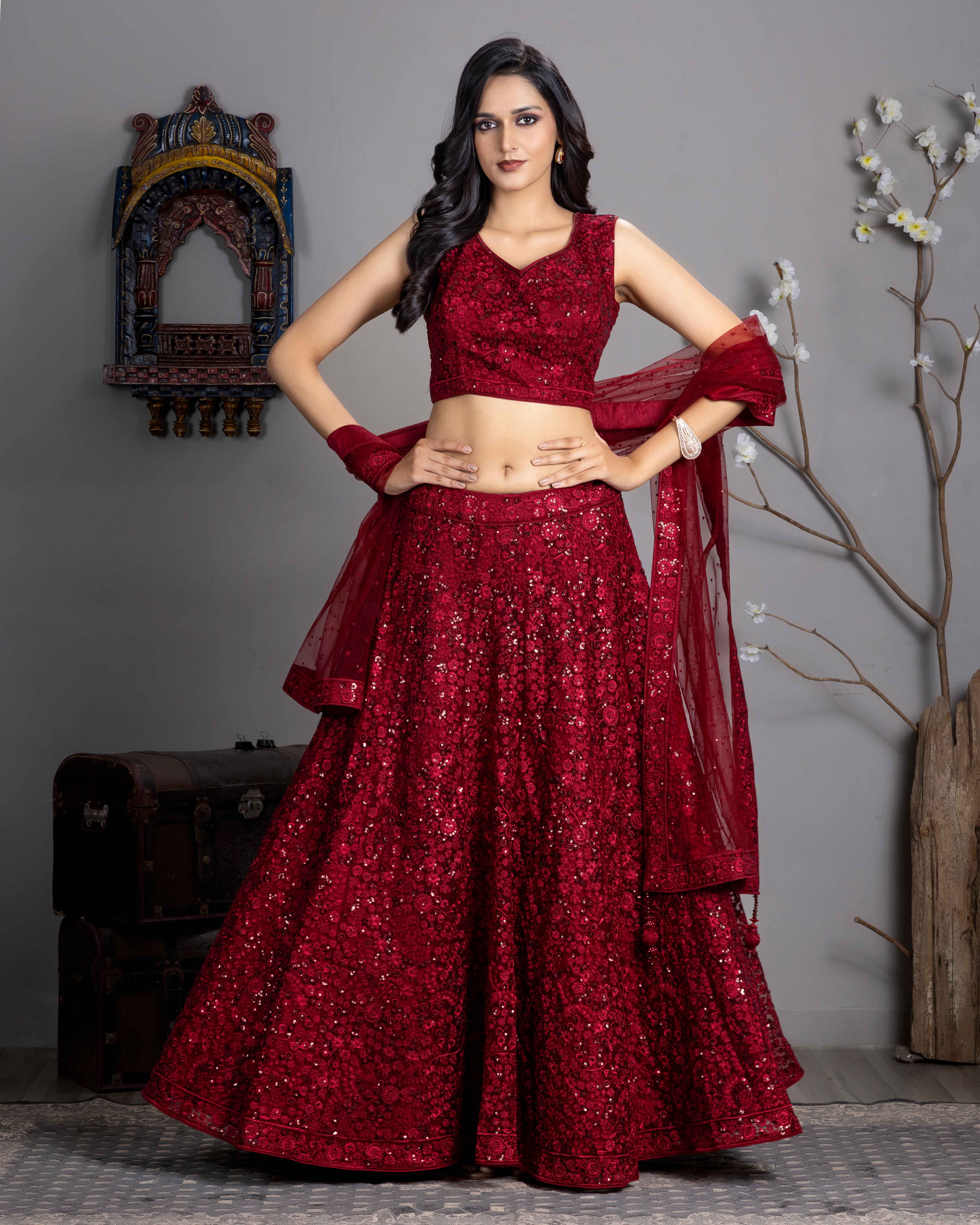 Designer Maroon Red Lehenga Choli with Dupian Silk Blouse