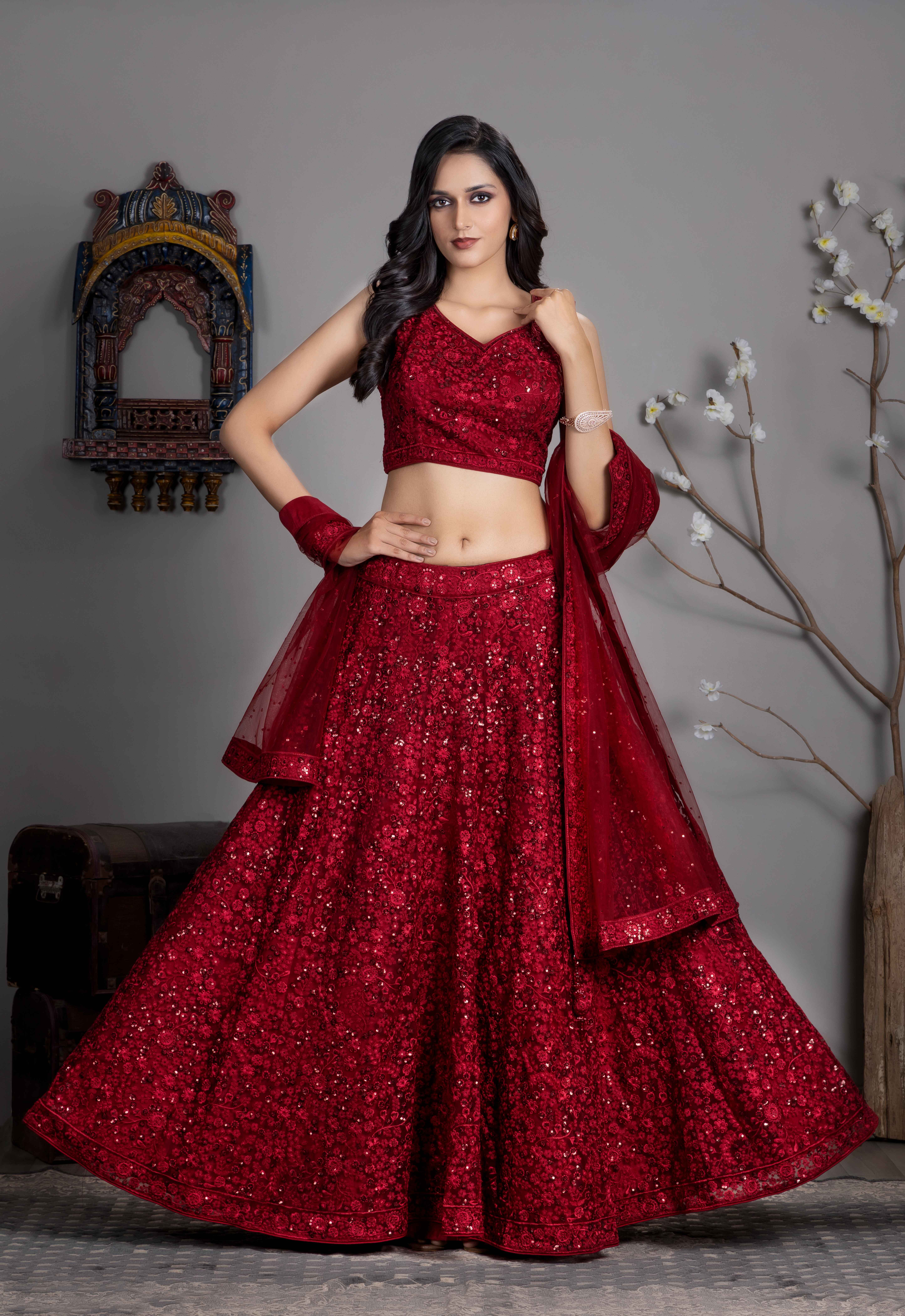 Designer Maroon Red Lehenga Choli with Dupian Silk Blouse