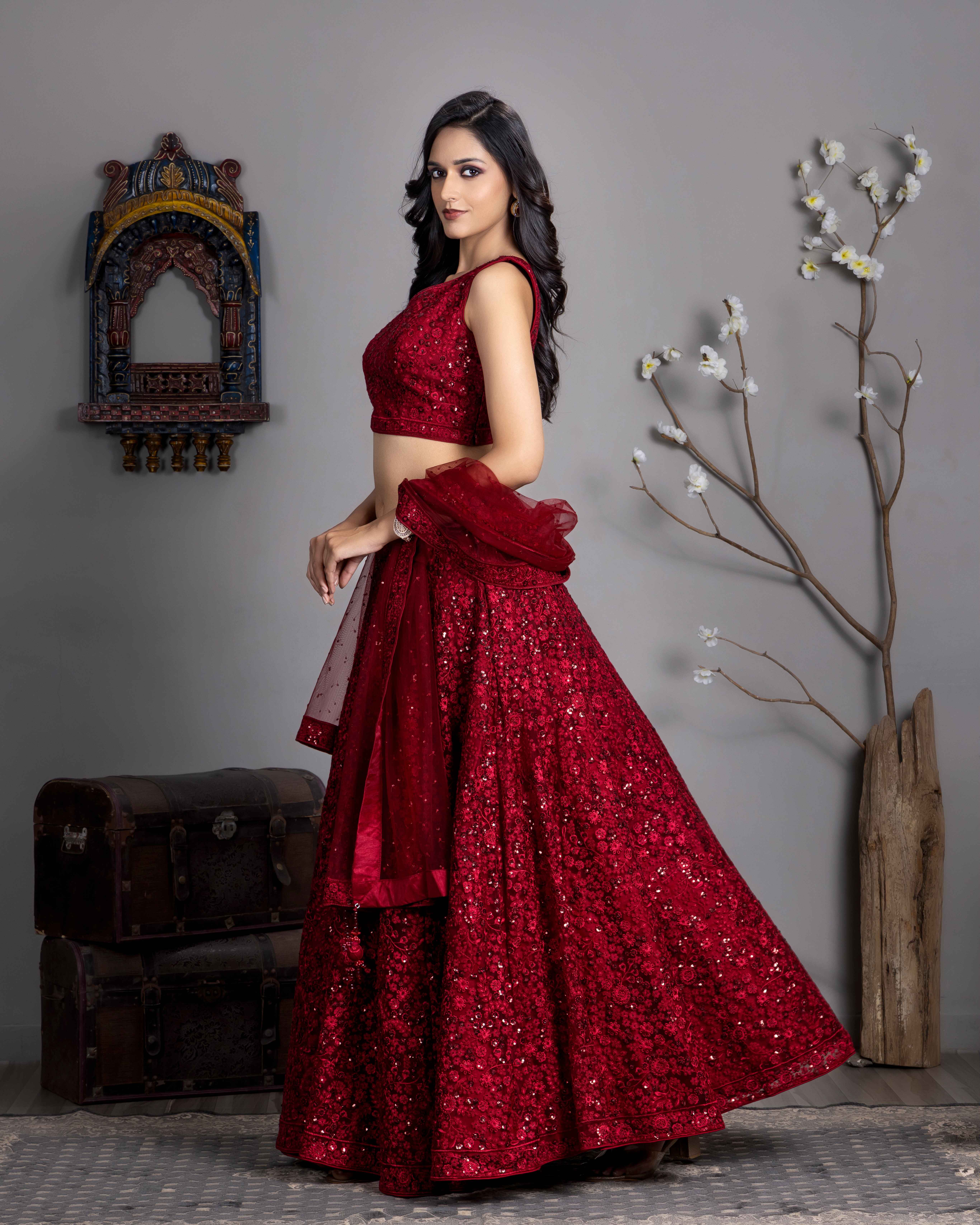 Designer Maroon Red Lehenga Choli with Dupian Silk Blouse