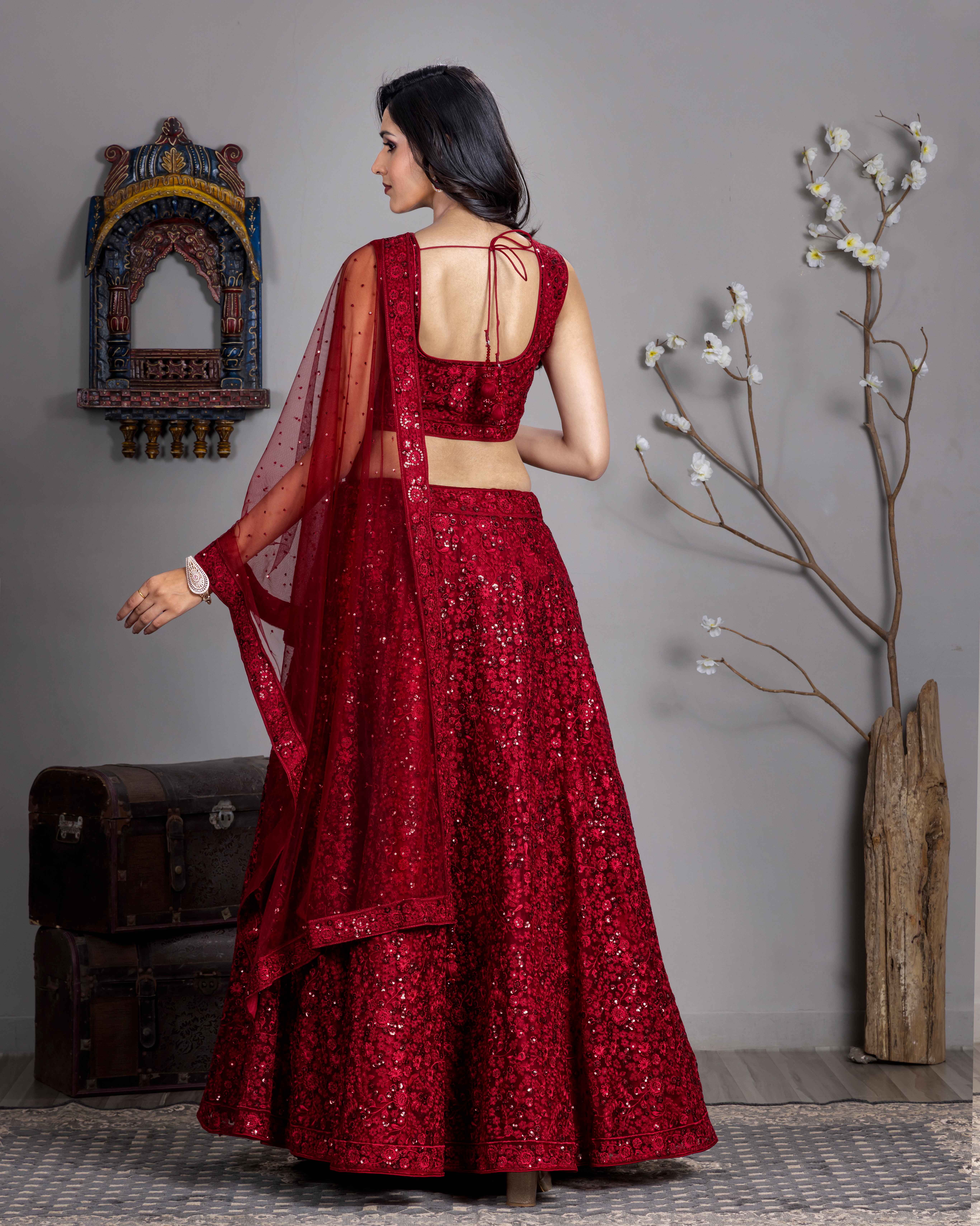 Designer Maroon Red Lehenga Choli with Dupian Silk Blouse