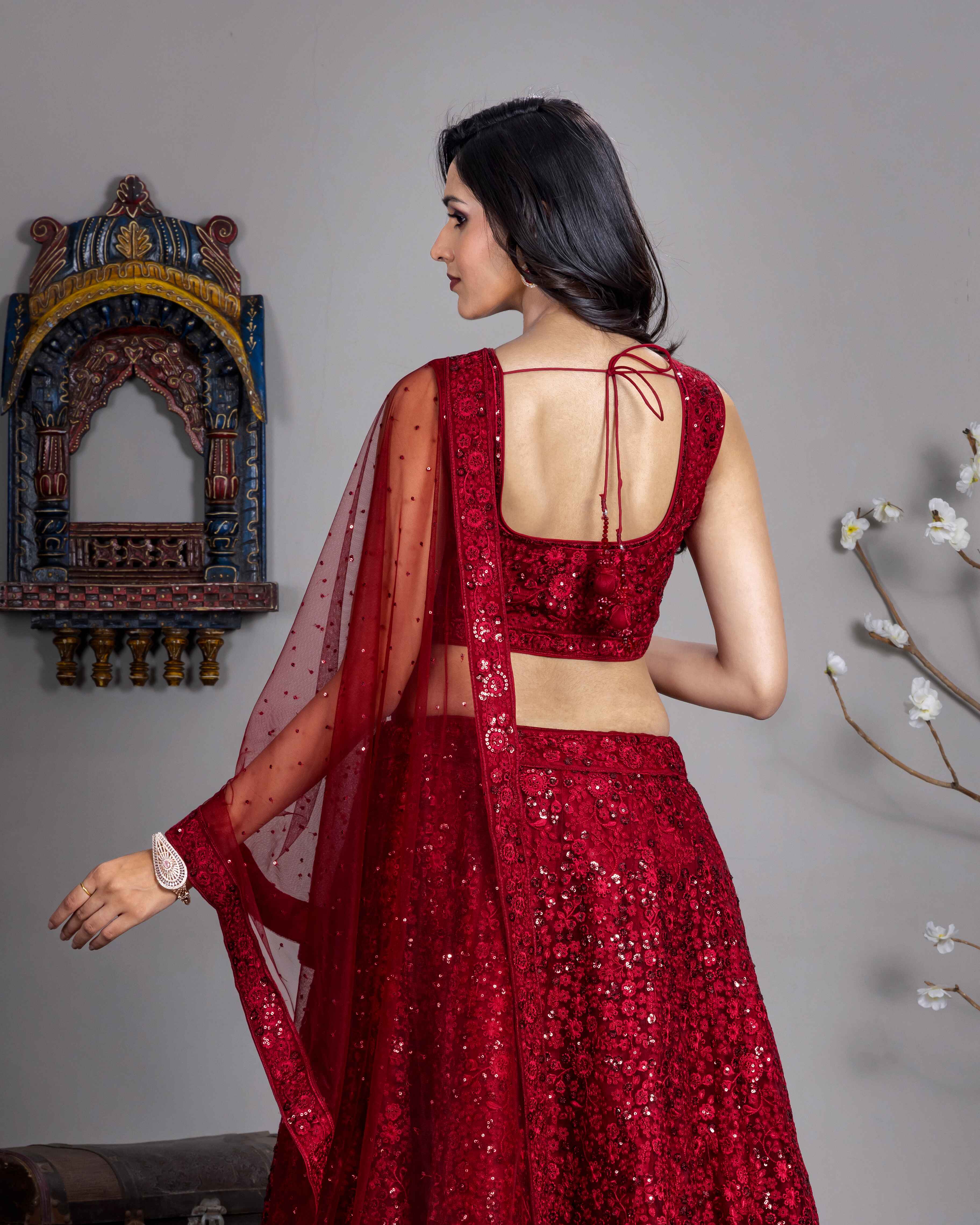 Designer Maroon Red Lehenga Choli with Dupian Silk Blouse