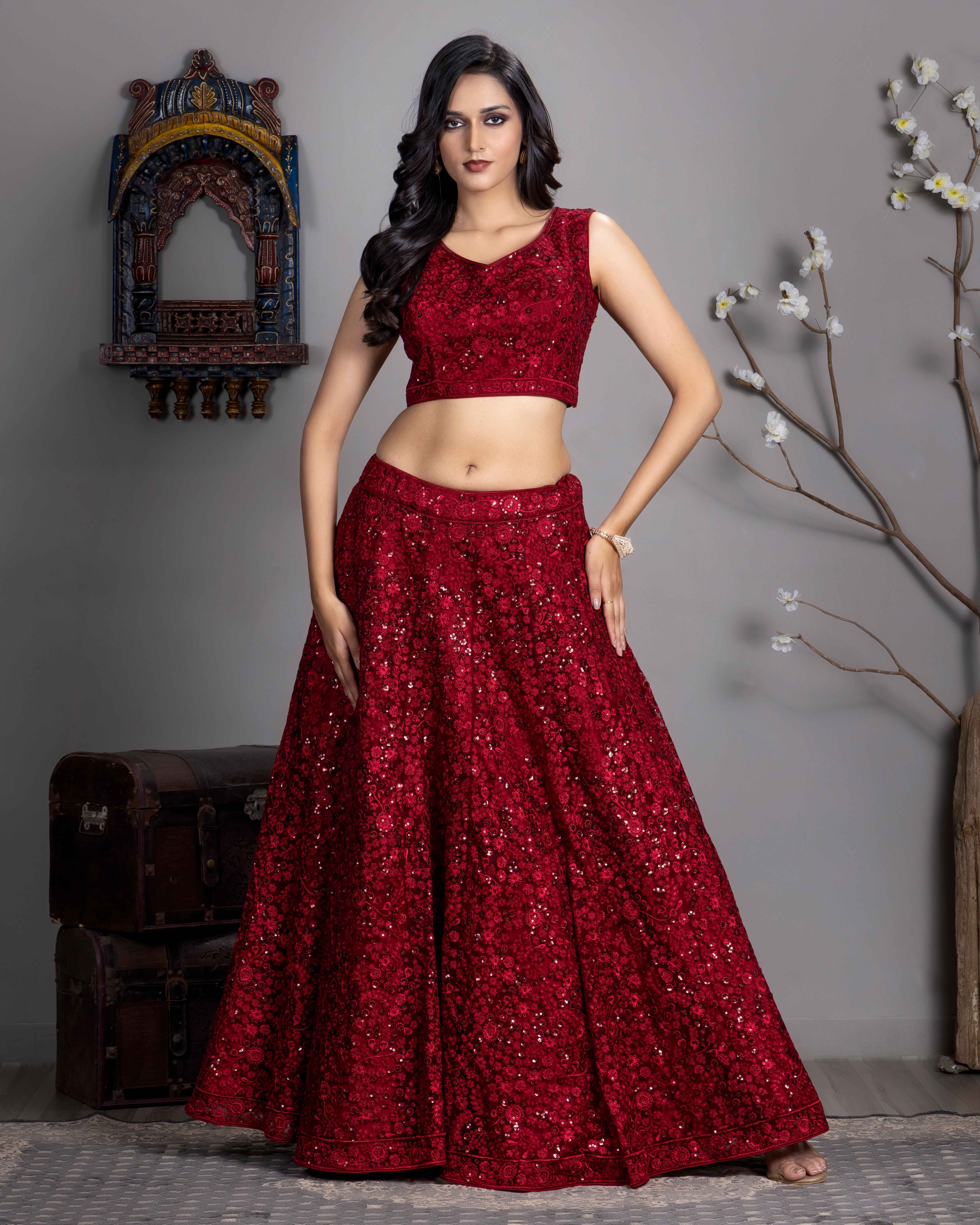 Designer Maroon Red Lehenga Choli with Dupian Silk Blouse