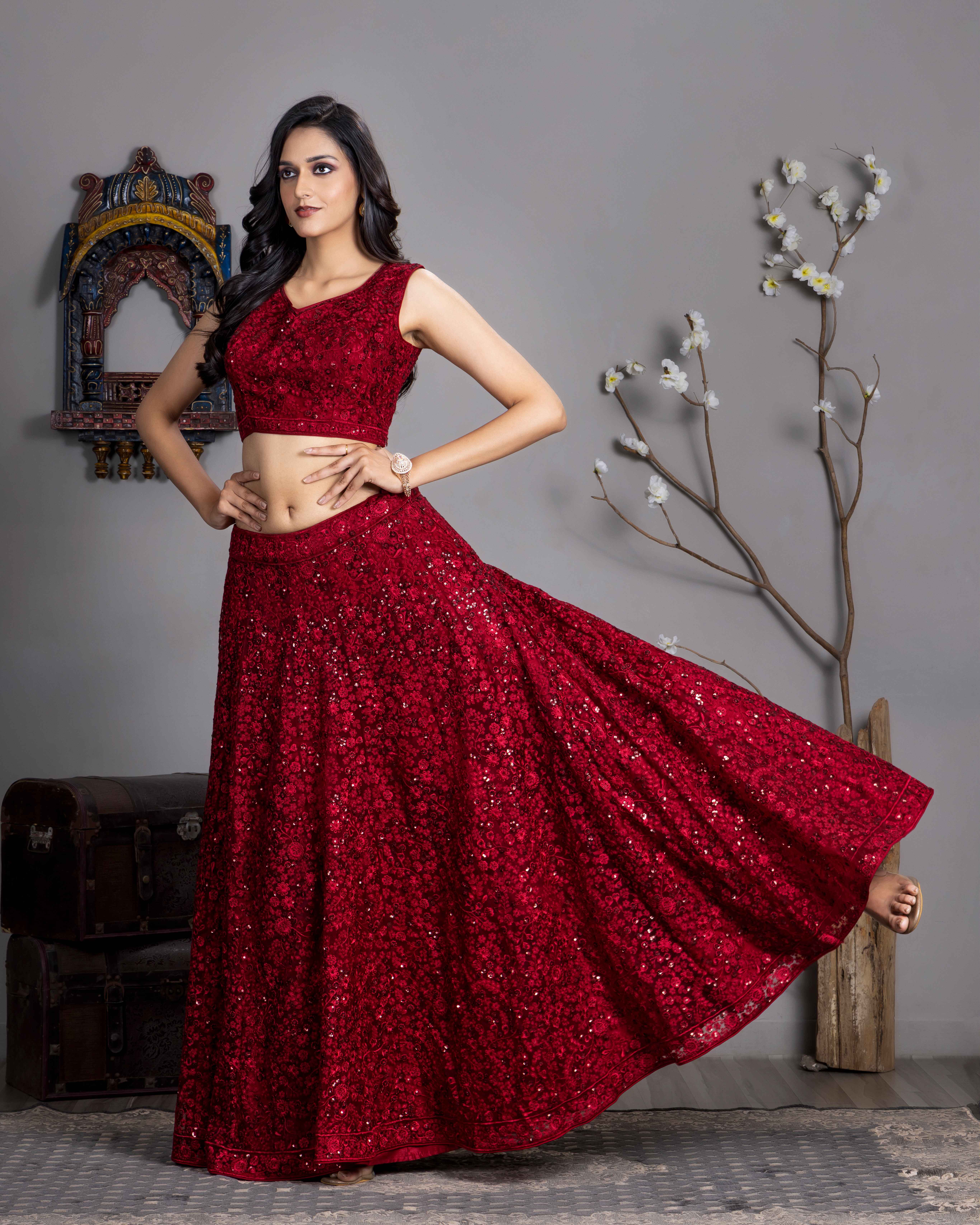 Designer Maroon Red Lehenga Choli with Dupian Silk Blouse