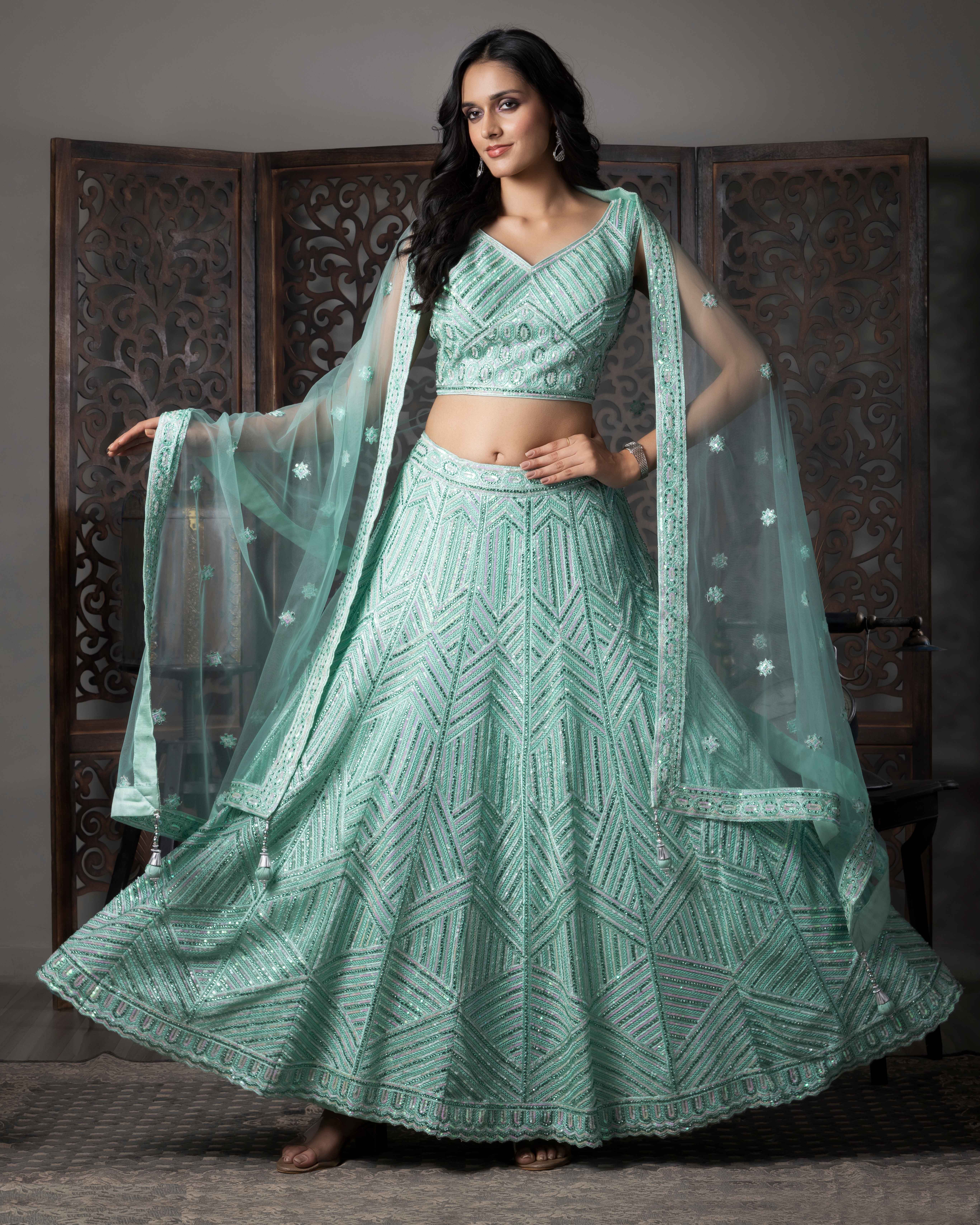 Designer Sea Green Lehenga Choli with Dupian Silk Blouse
