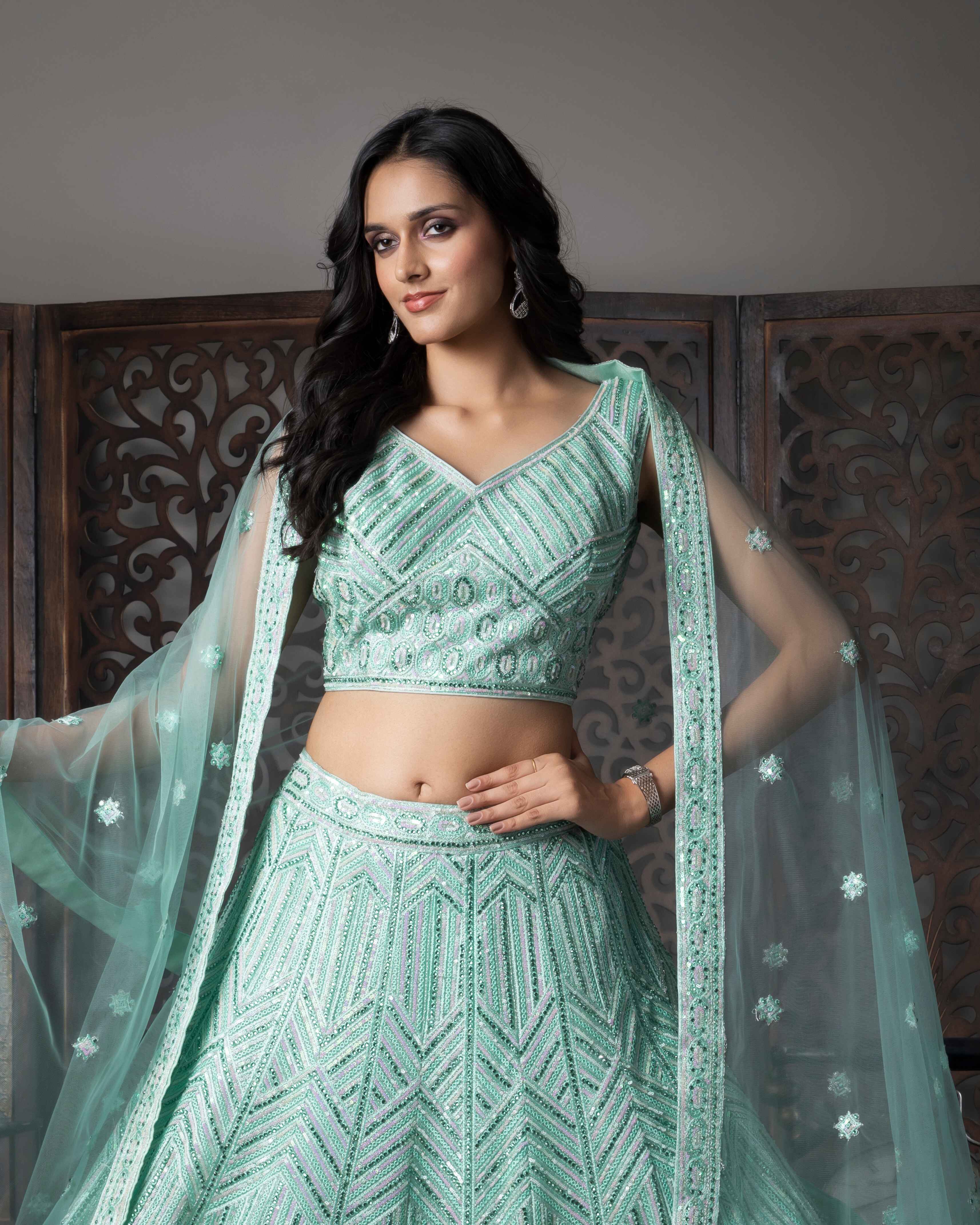 Designer Sea Green Lehenga Choli with Dupian Silk Blouse