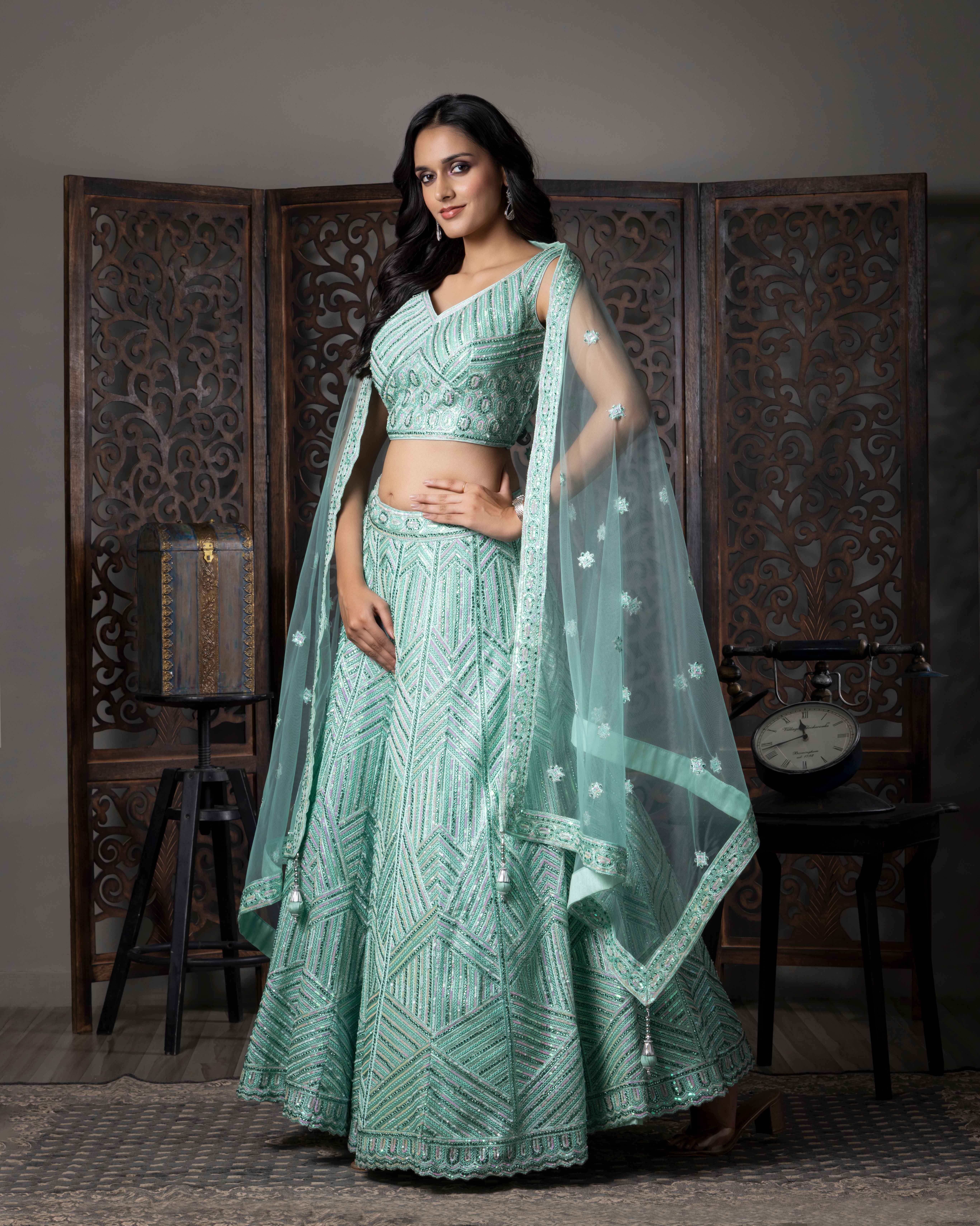 Designer Sea Green Lehenga Choli with Dupian Silk Blouse