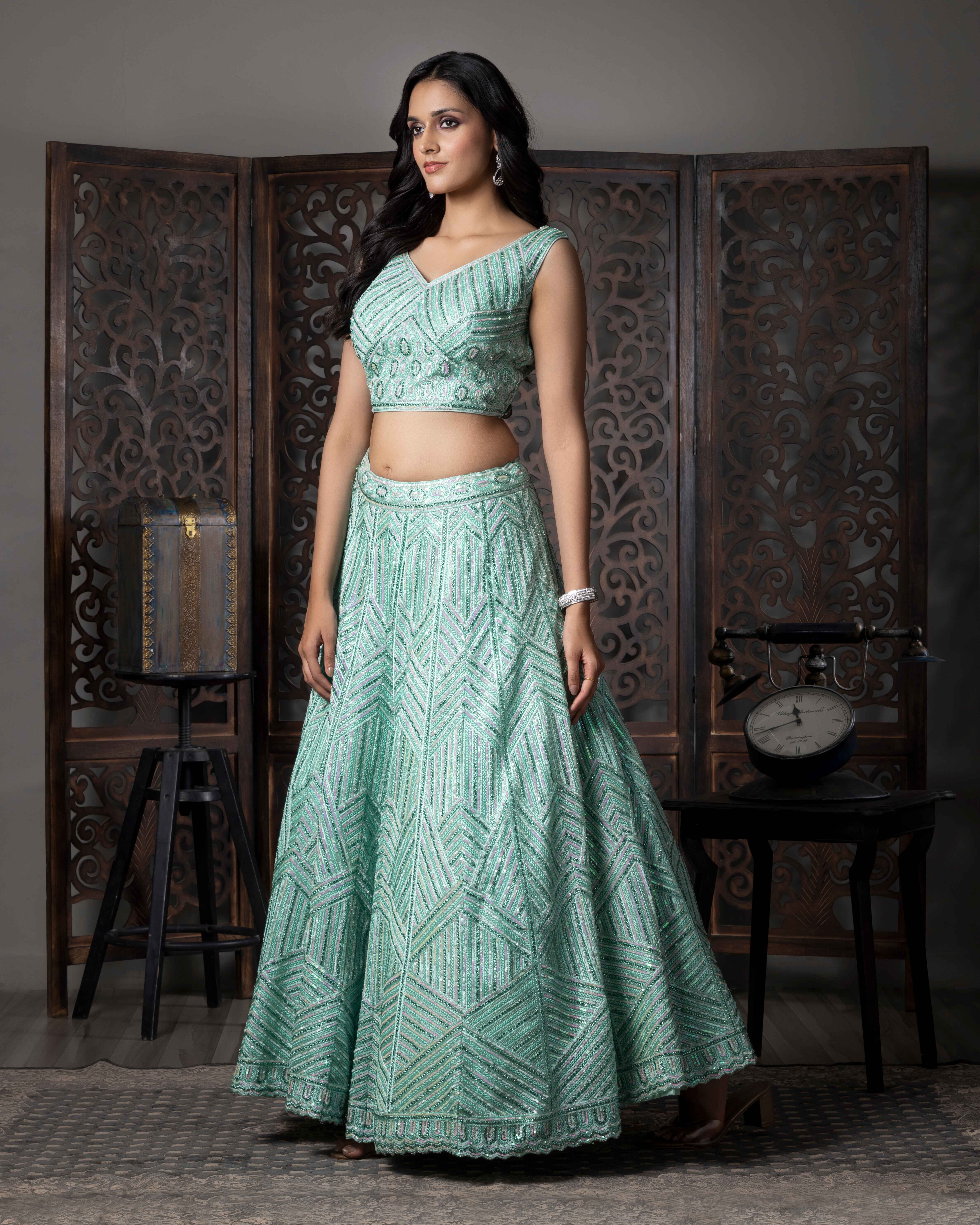 Designer Sea Green Lehenga Choli with Dupian Silk Blouse