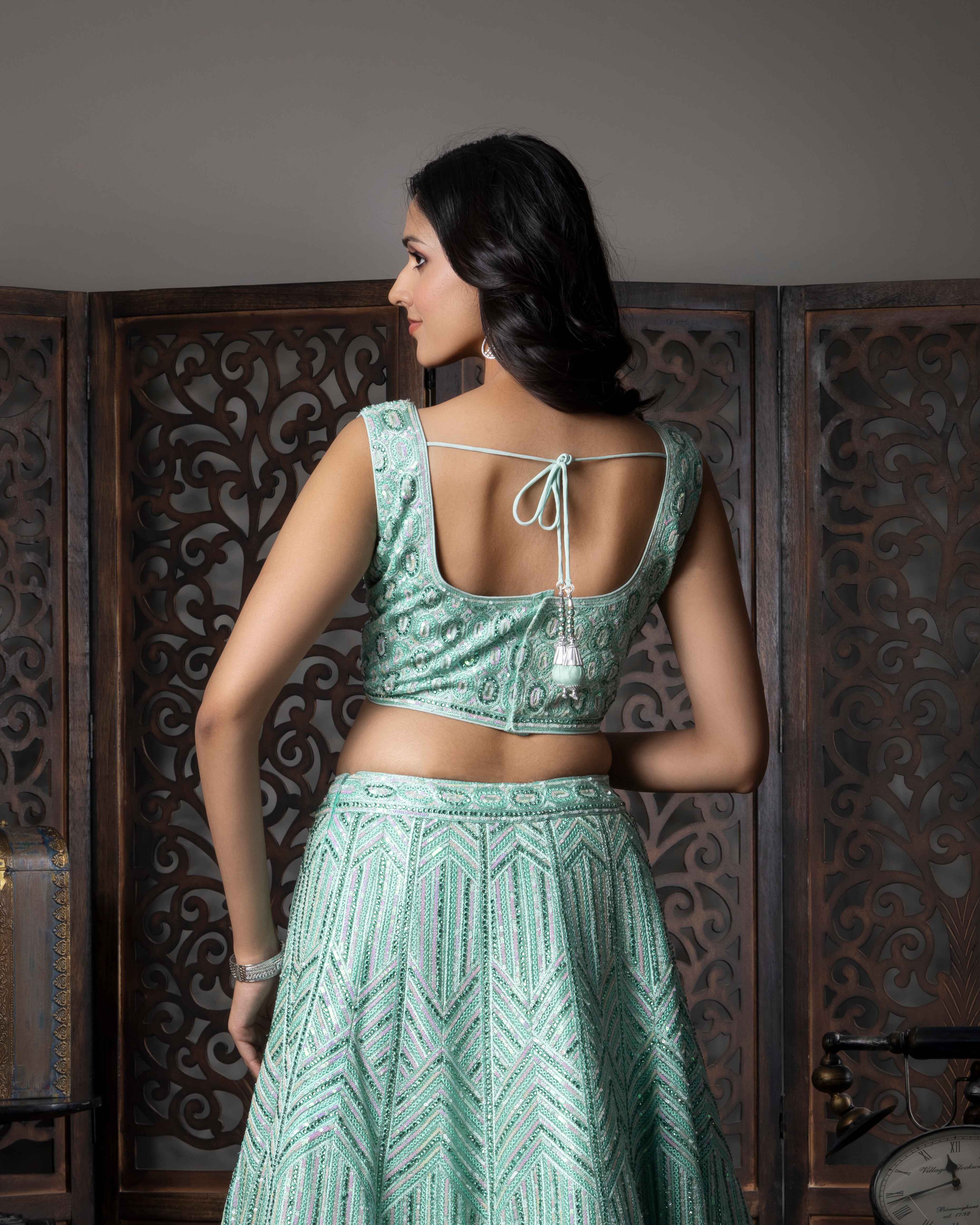 Designer Sea Green Lehenga Choli with Dupian Silk Blouse