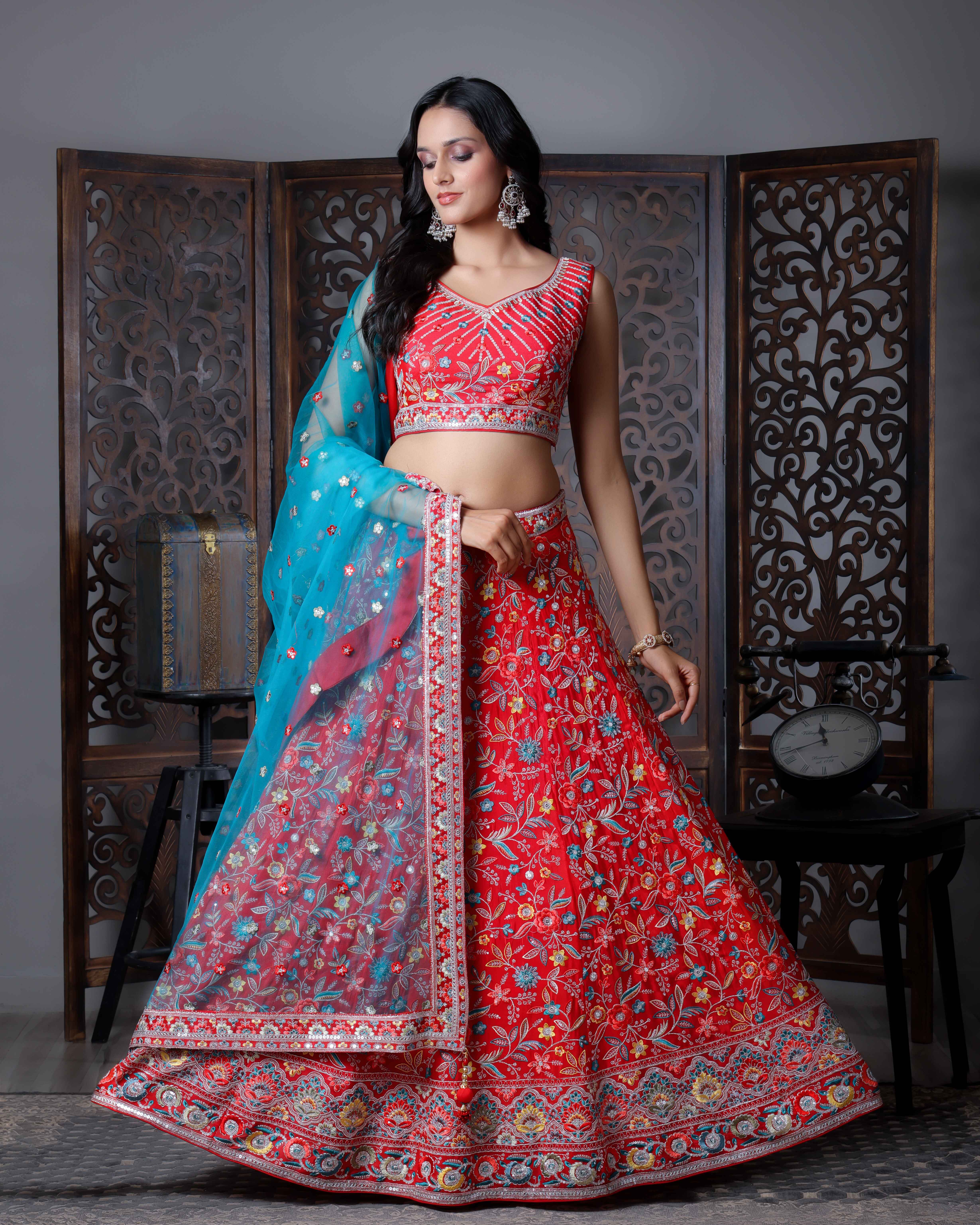 Designer Tomato Red Lehenga Choli with Dupian Silk Blouse
