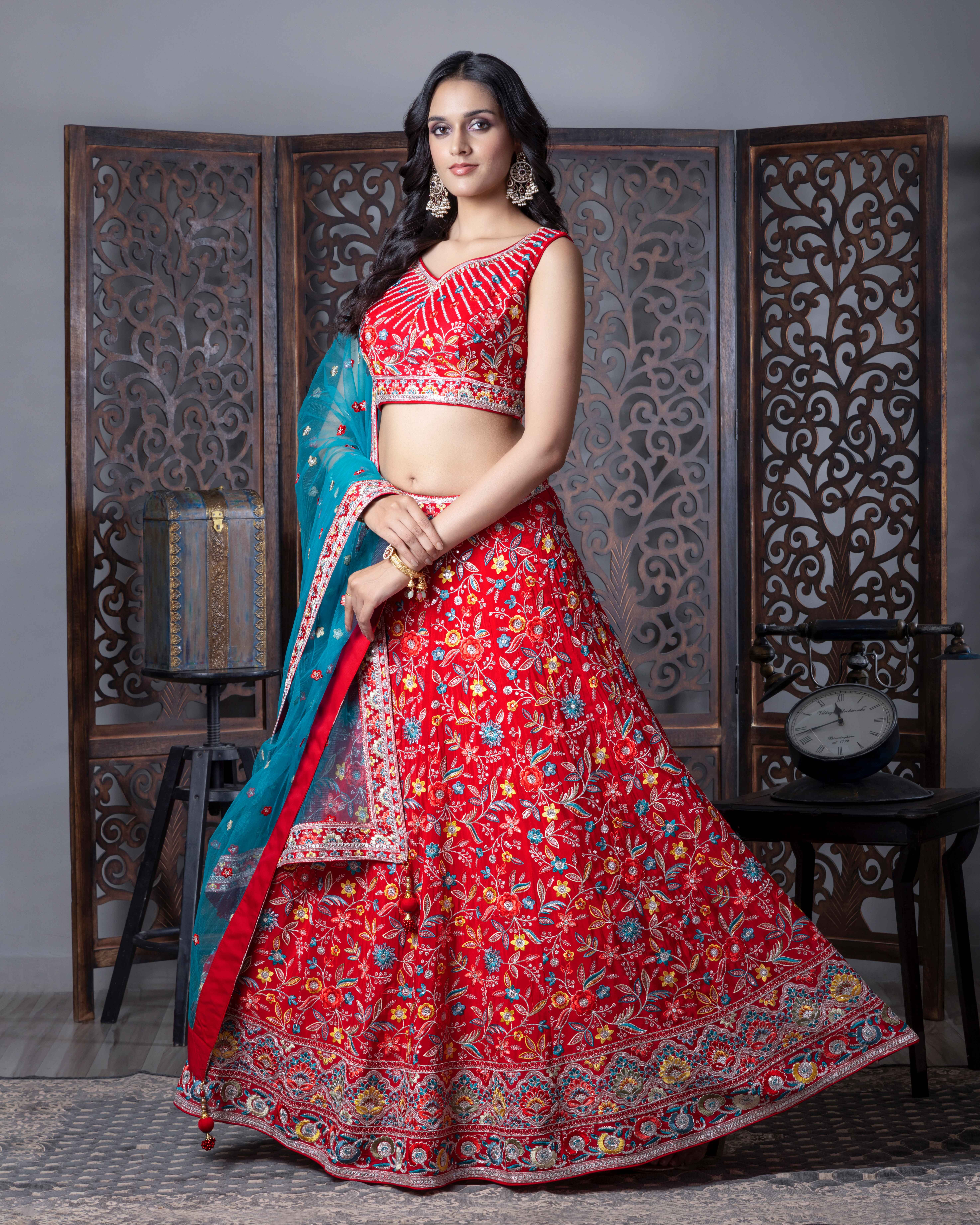 Designer Tomato Red Lehenga Choli with Dupian Silk Blouse