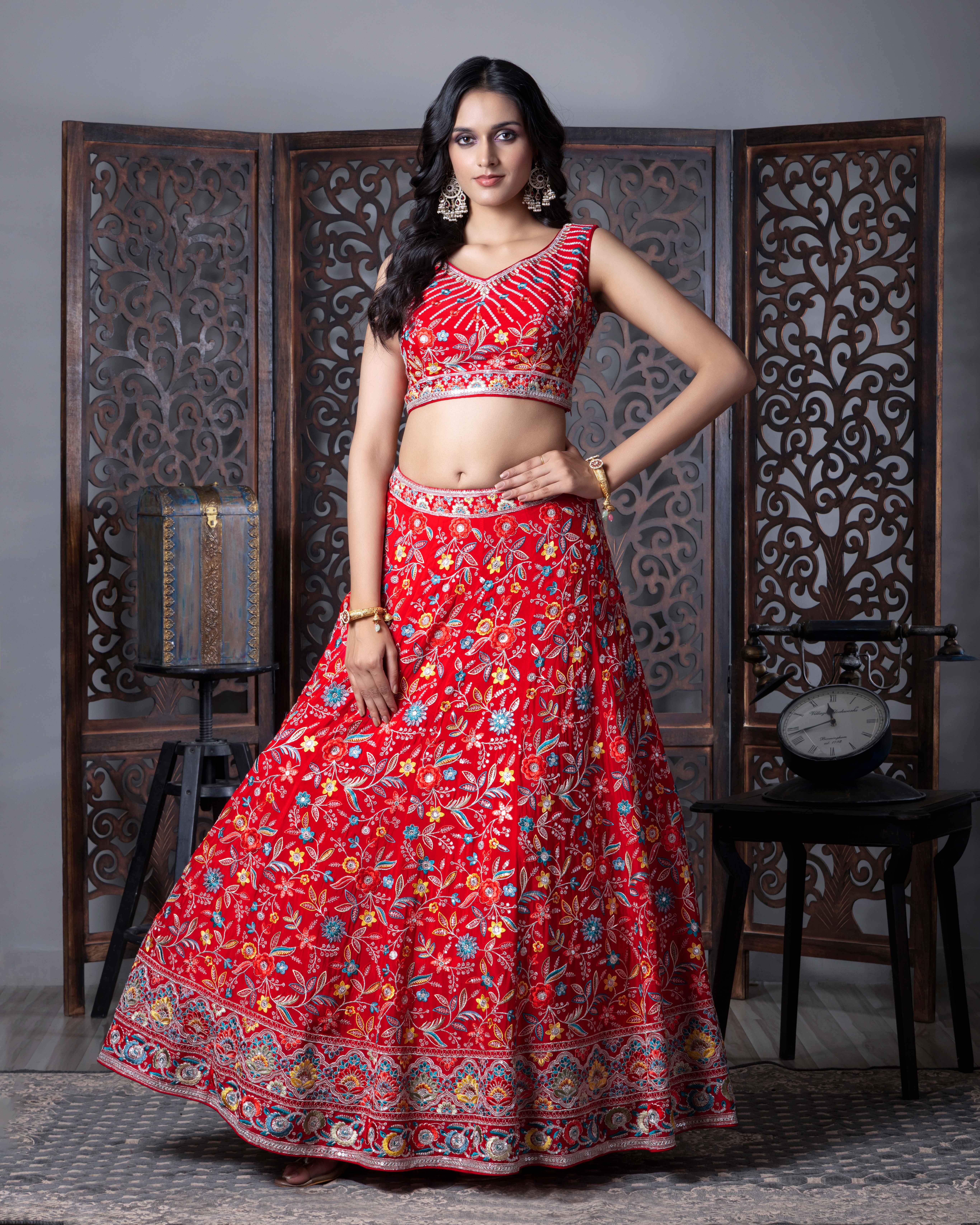 Designer Tomato Red Lehenga Choli with Dupian Silk Blouse