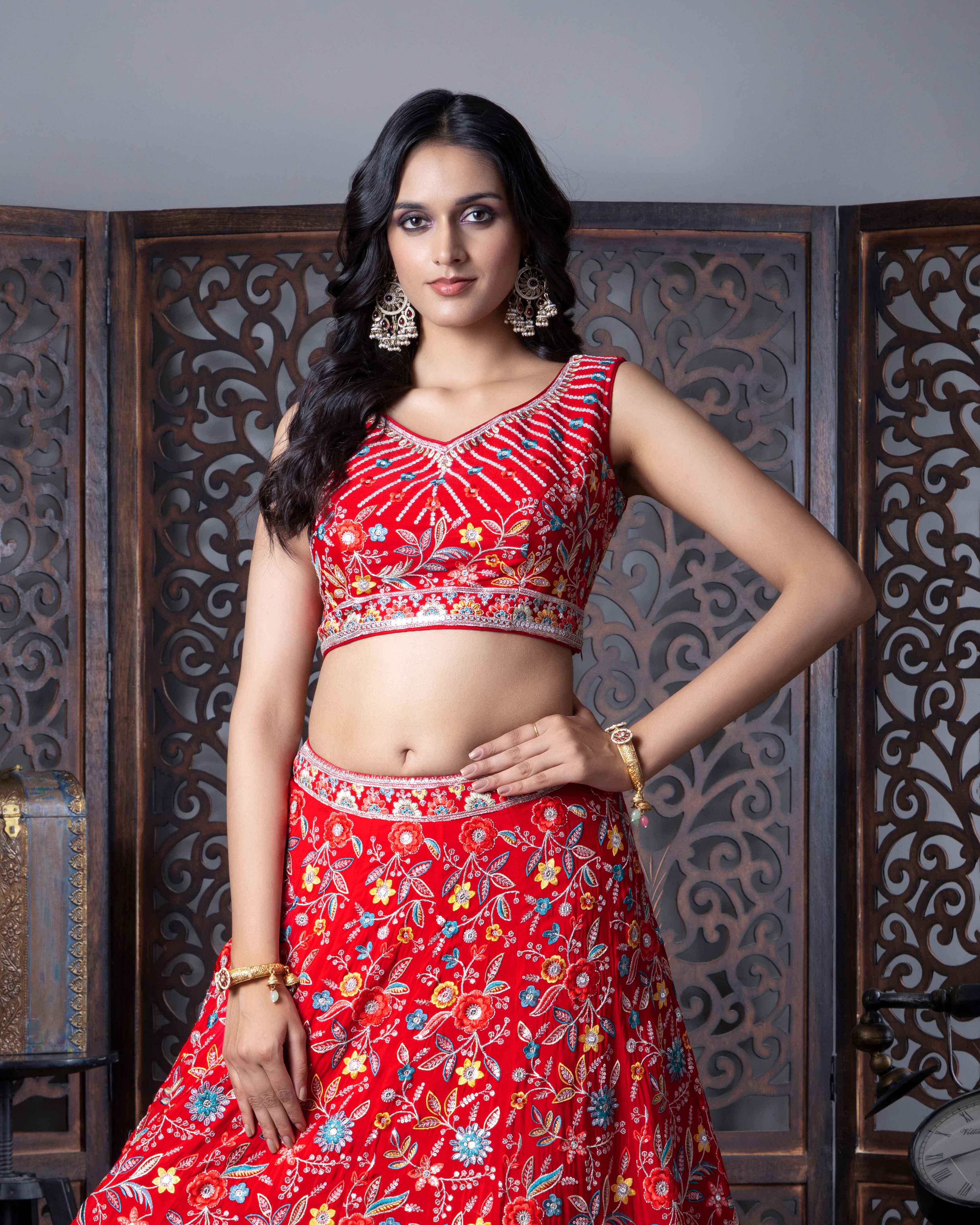 Designer Tomato Red Lehenga Choli with Dupian Silk Blouse