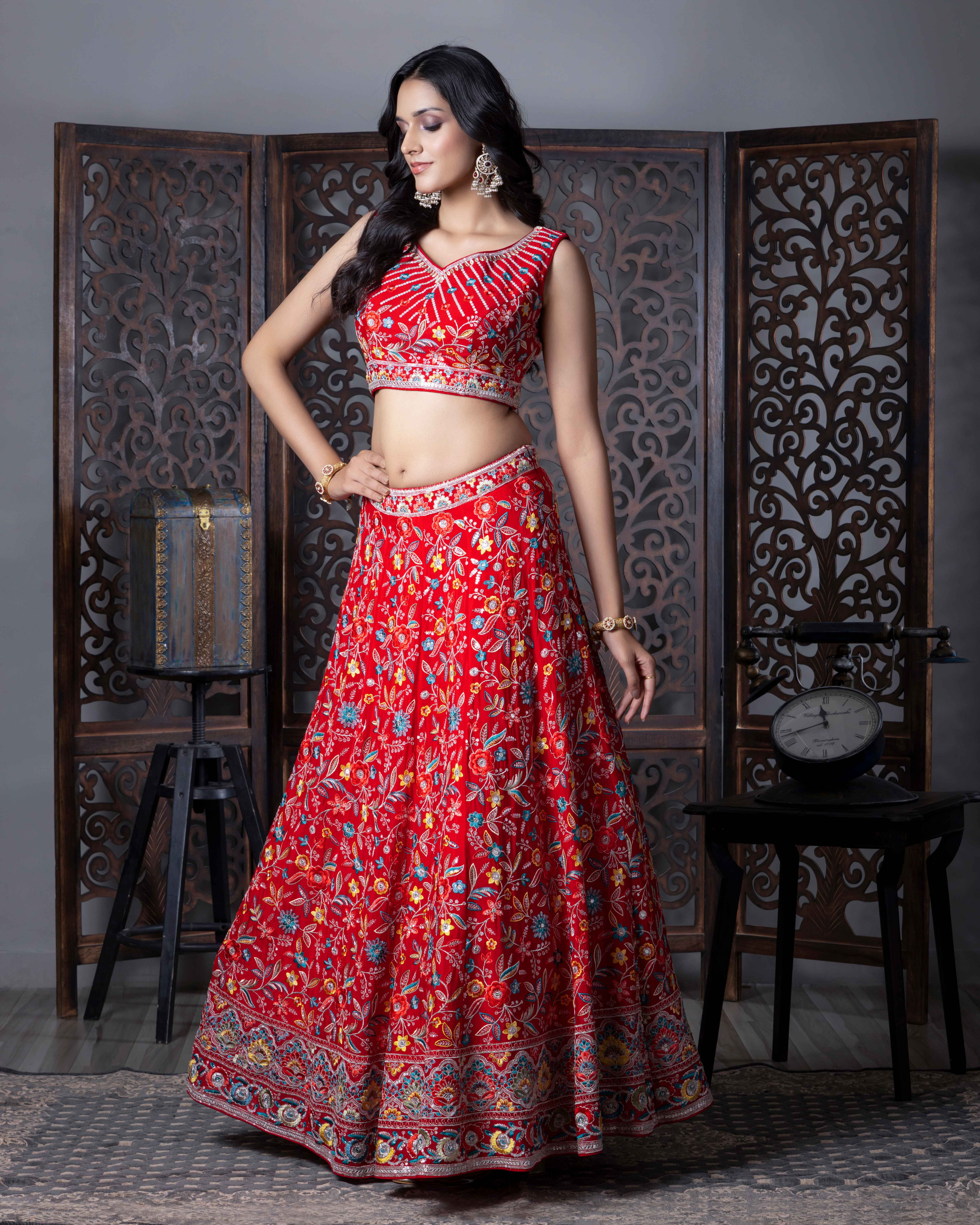Designer Tomato Red Lehenga Choli with Dupian Silk Blouse