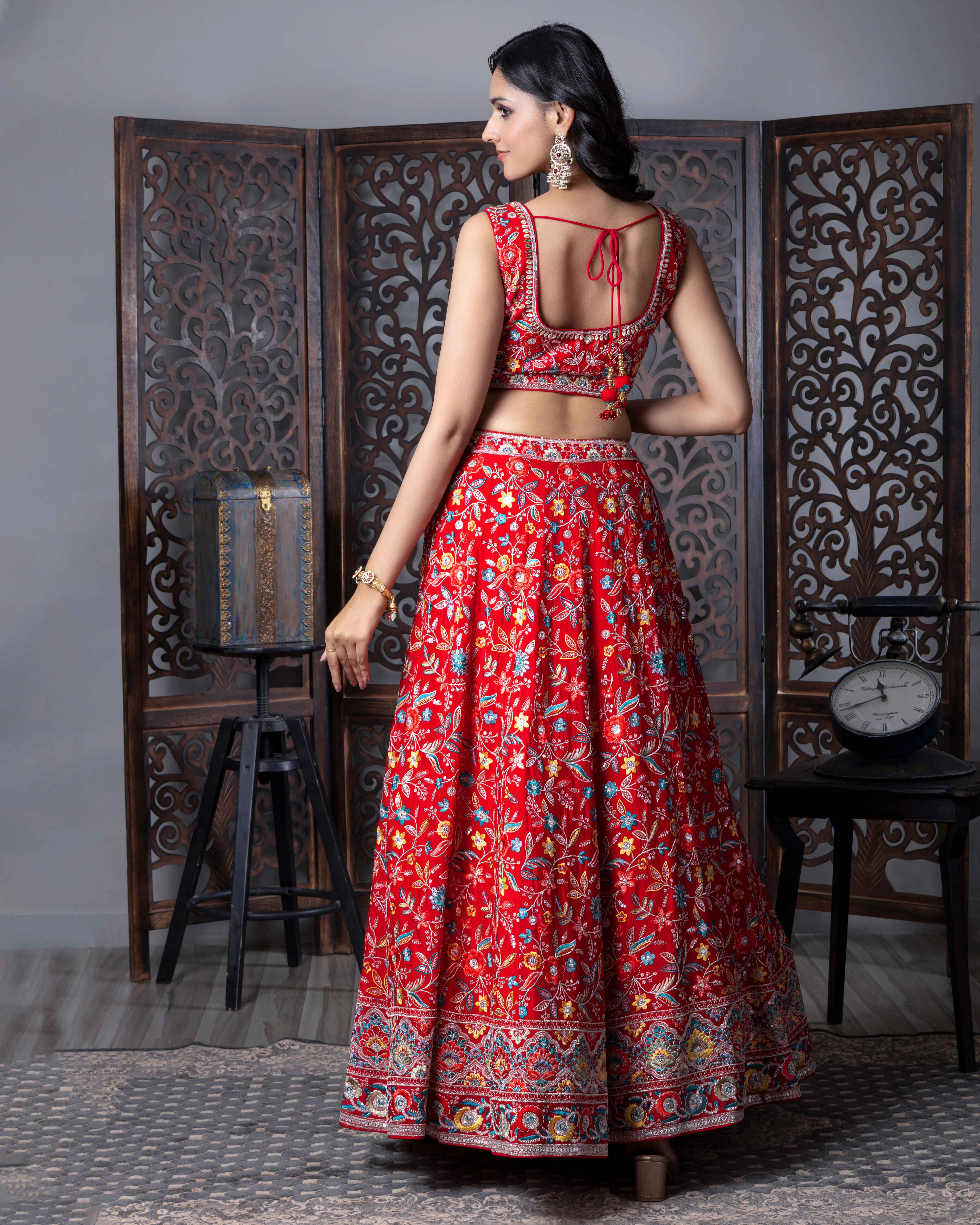 Designer Tomato Red Lehenga Choli with Dupian Silk Blouse
