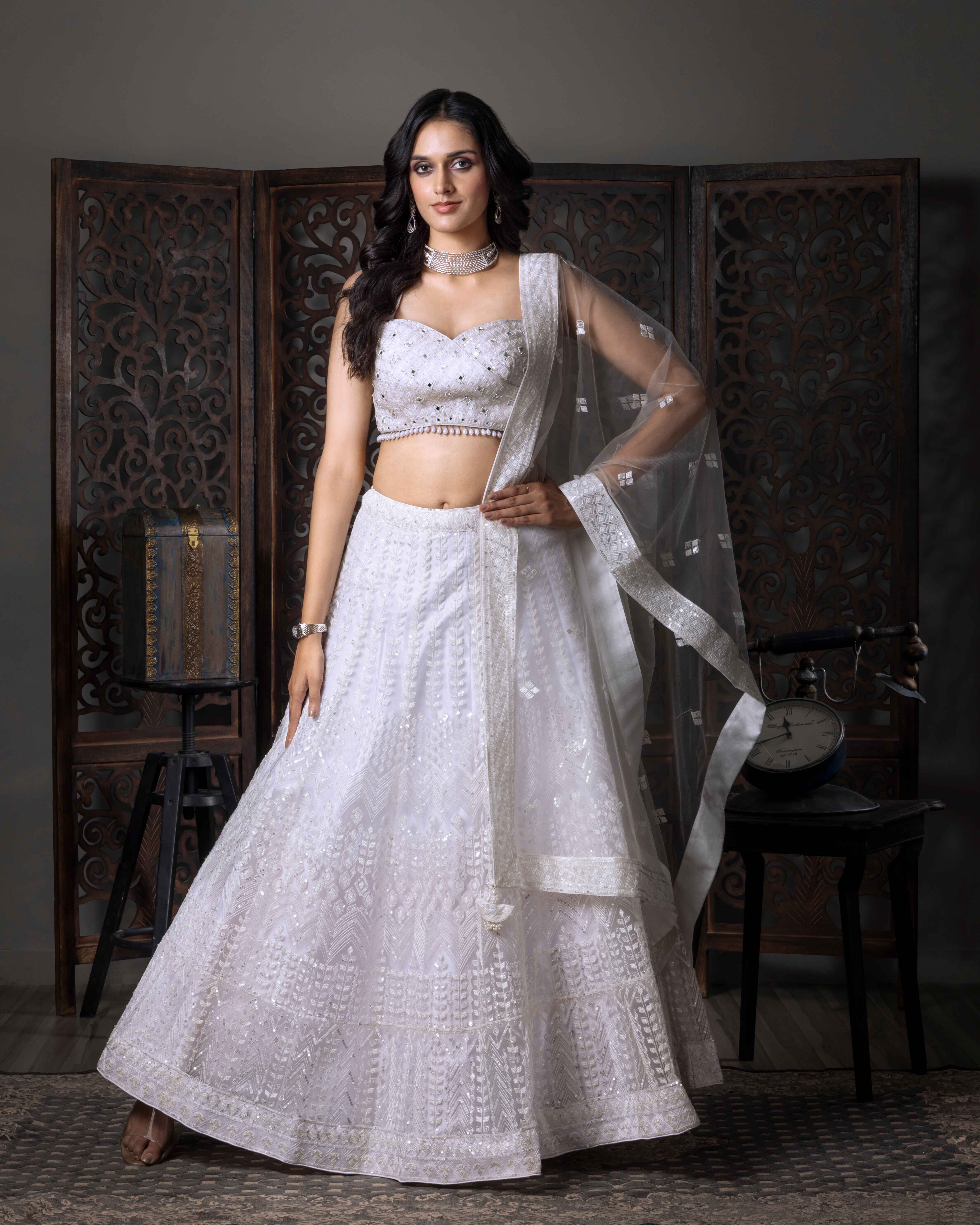 Designer White Lehenga Choli with Dupian Silk Blouse