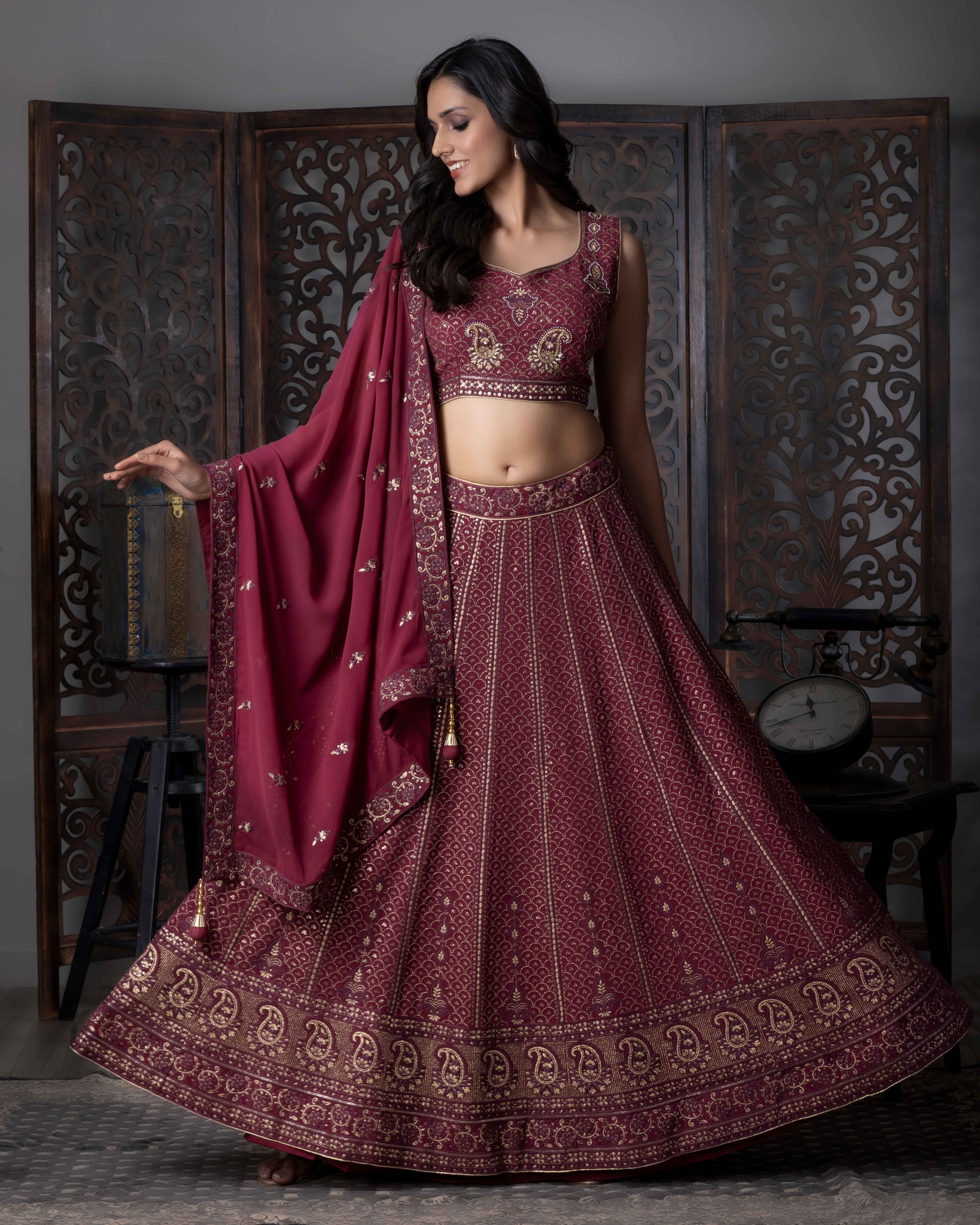 Designer Maroon Lehenga Choli with Dupian Silk Blouse