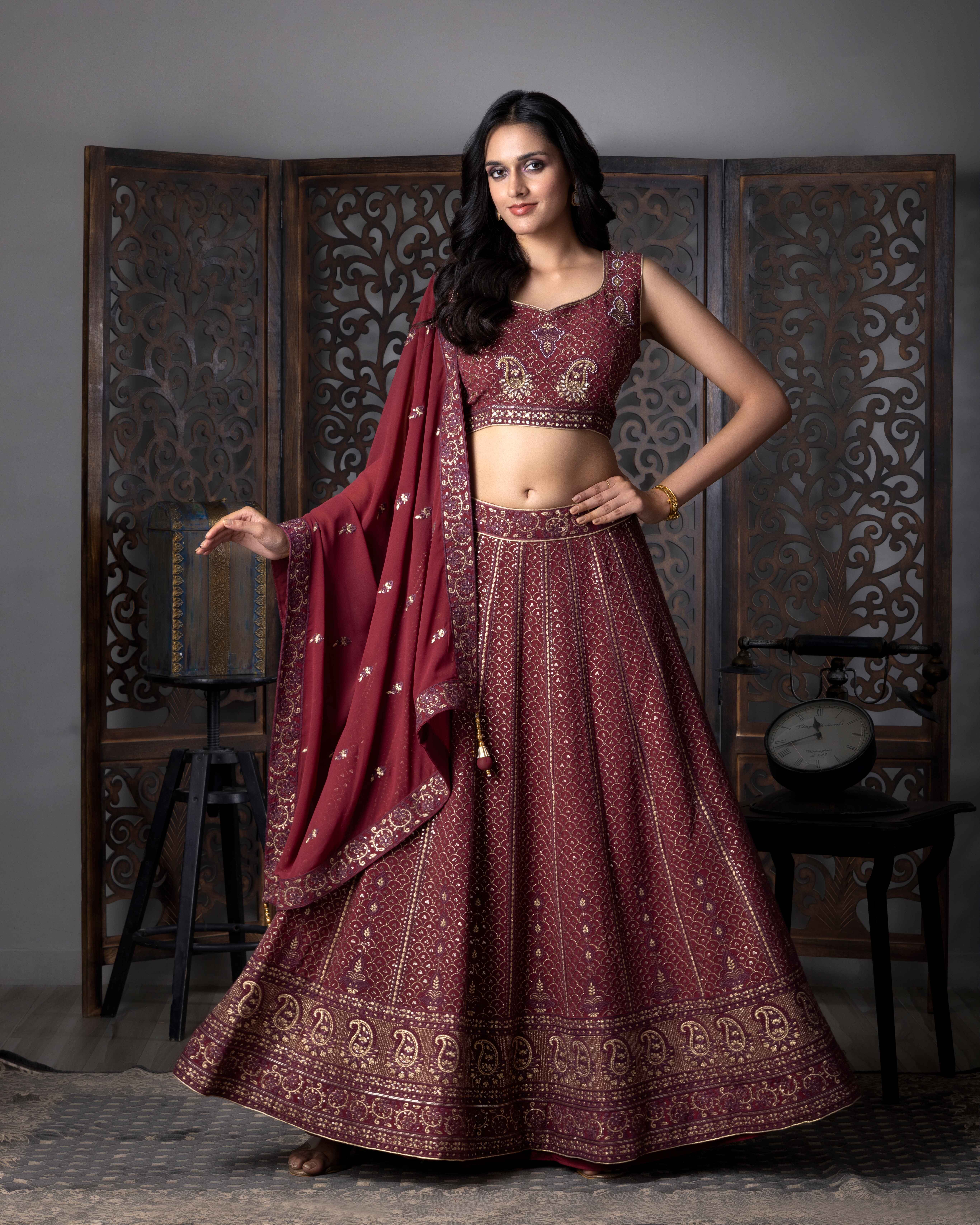 Designer Maroon Lehenga Choli with Dupian Silk Blouse