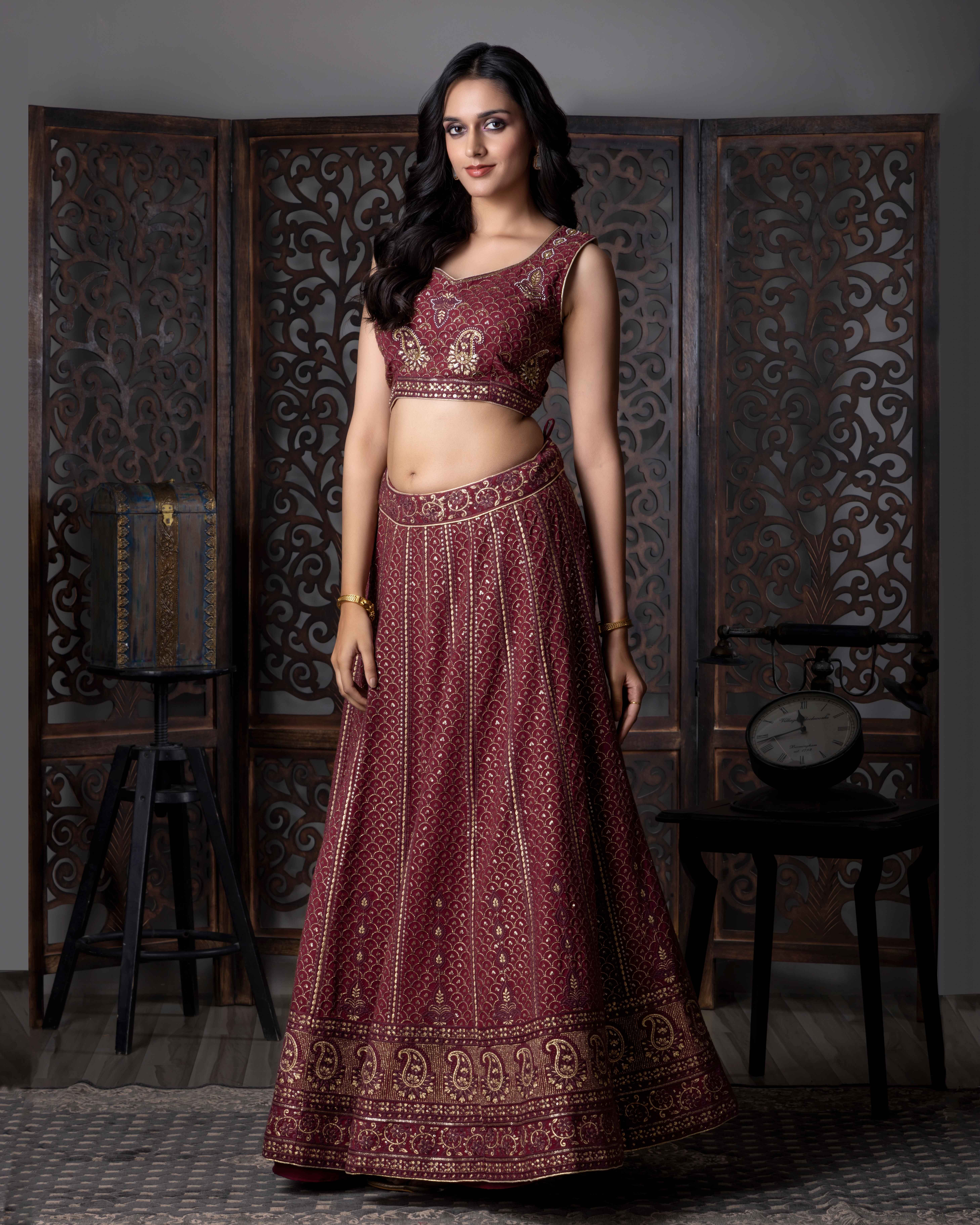 Designer Maroon Lehenga Choli with Dupian Silk Blouse
