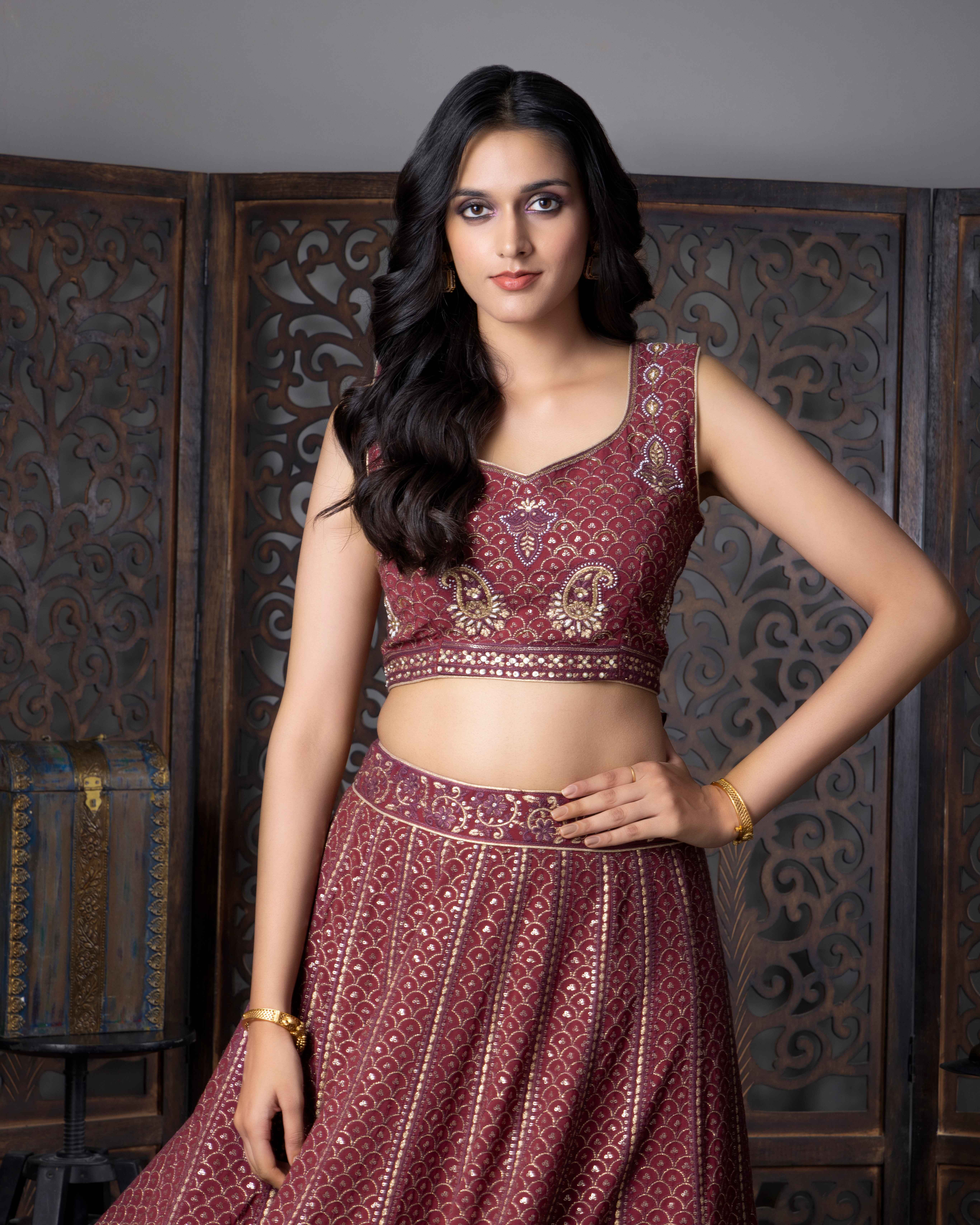 Designer Maroon Lehenga Choli with Dupian Silk Blouse
