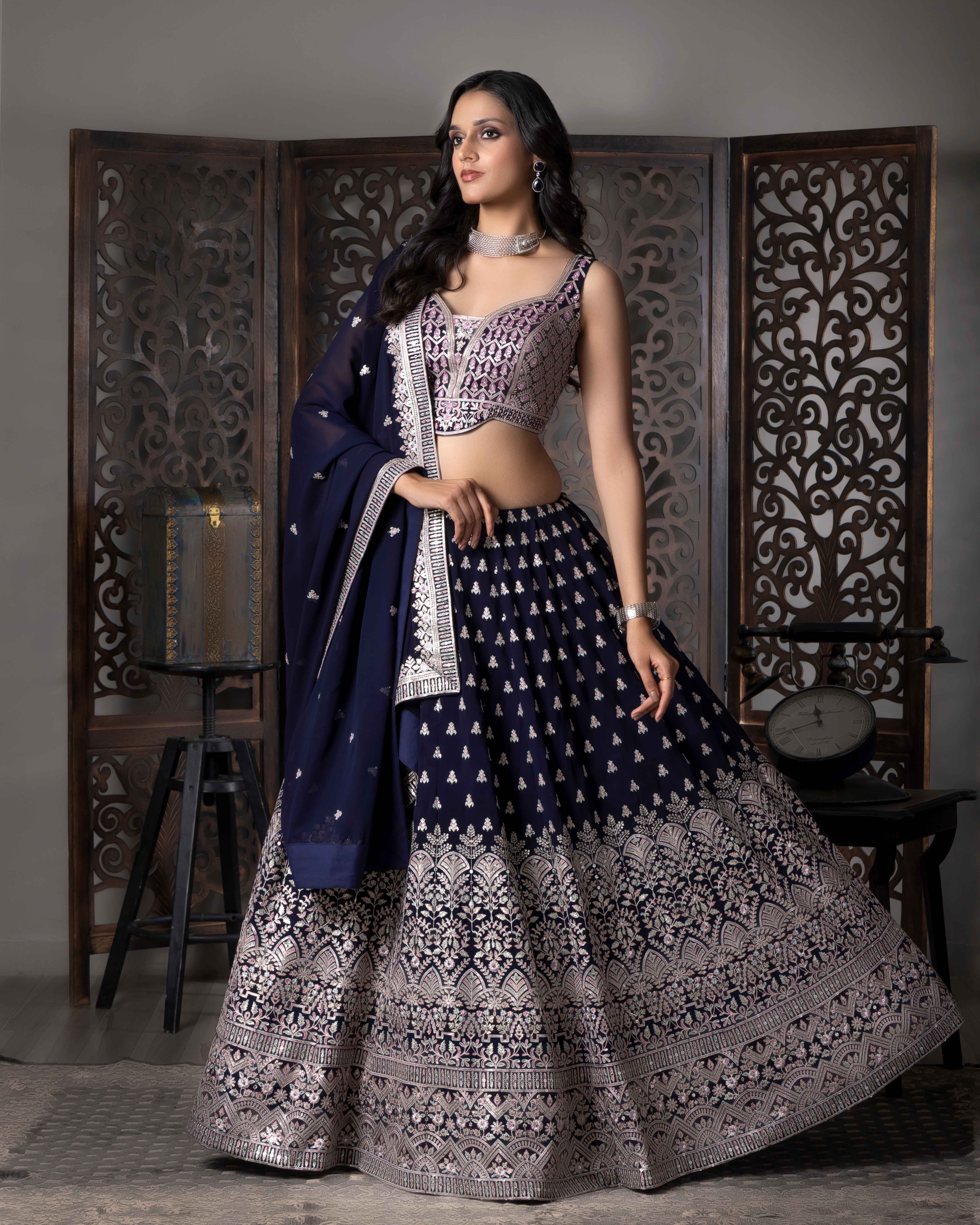 Designer Navy Blue Lehenga Choli with Dupian Silk Blouse