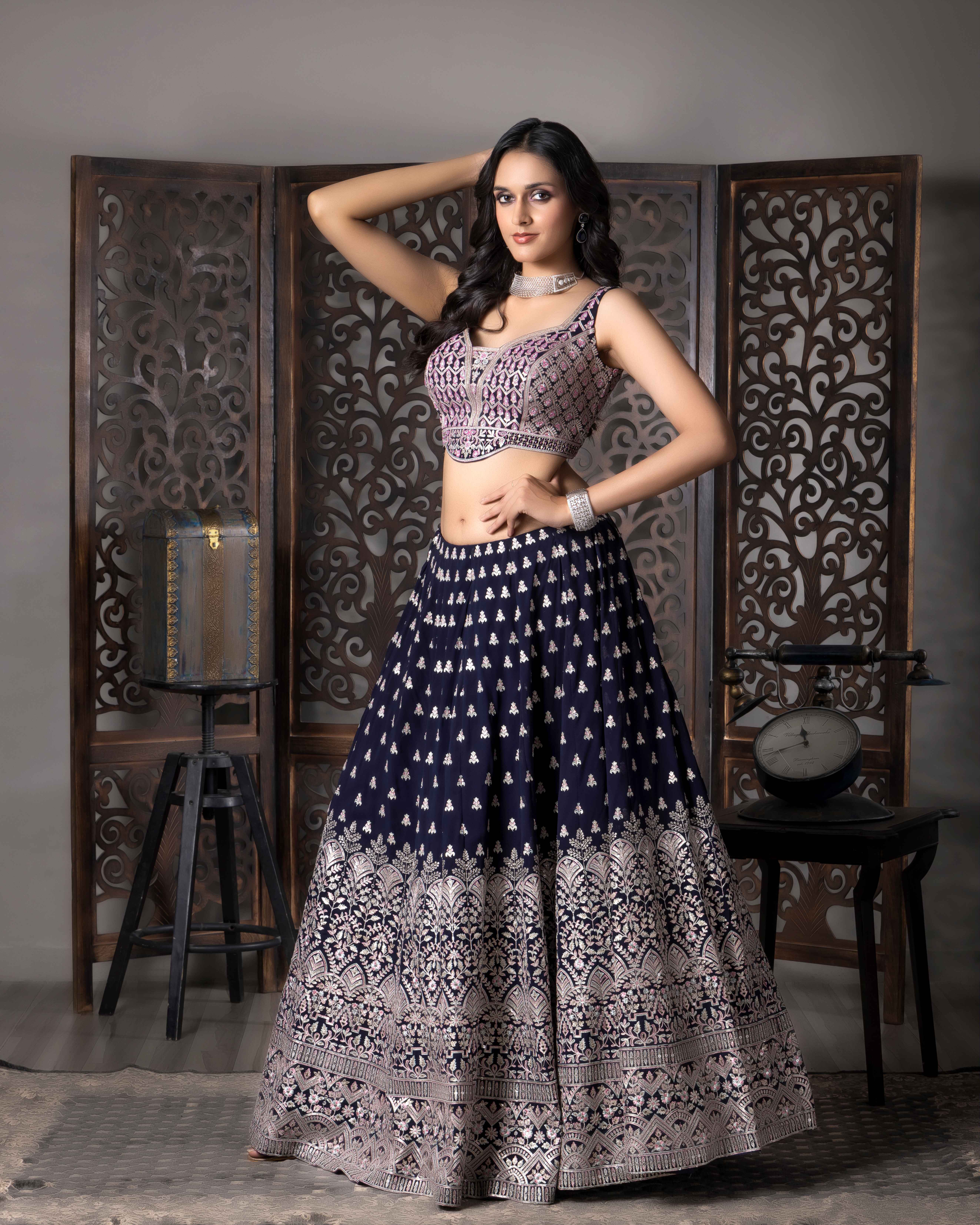 Designer Navy Blue Lehenga Choli with Dupian Silk Blouse