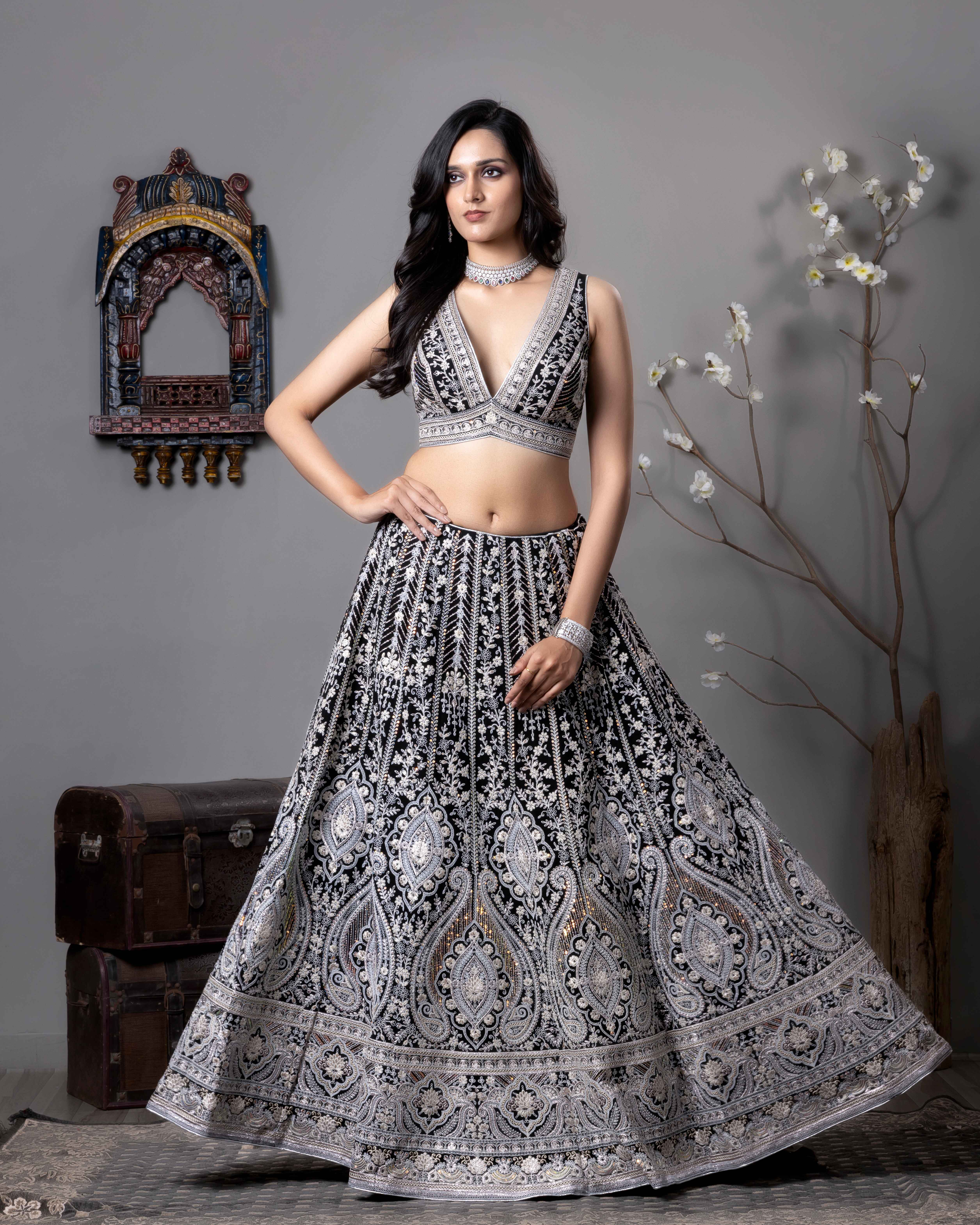 Designer Black Lehenga Choli with Dupian Silk Blouse