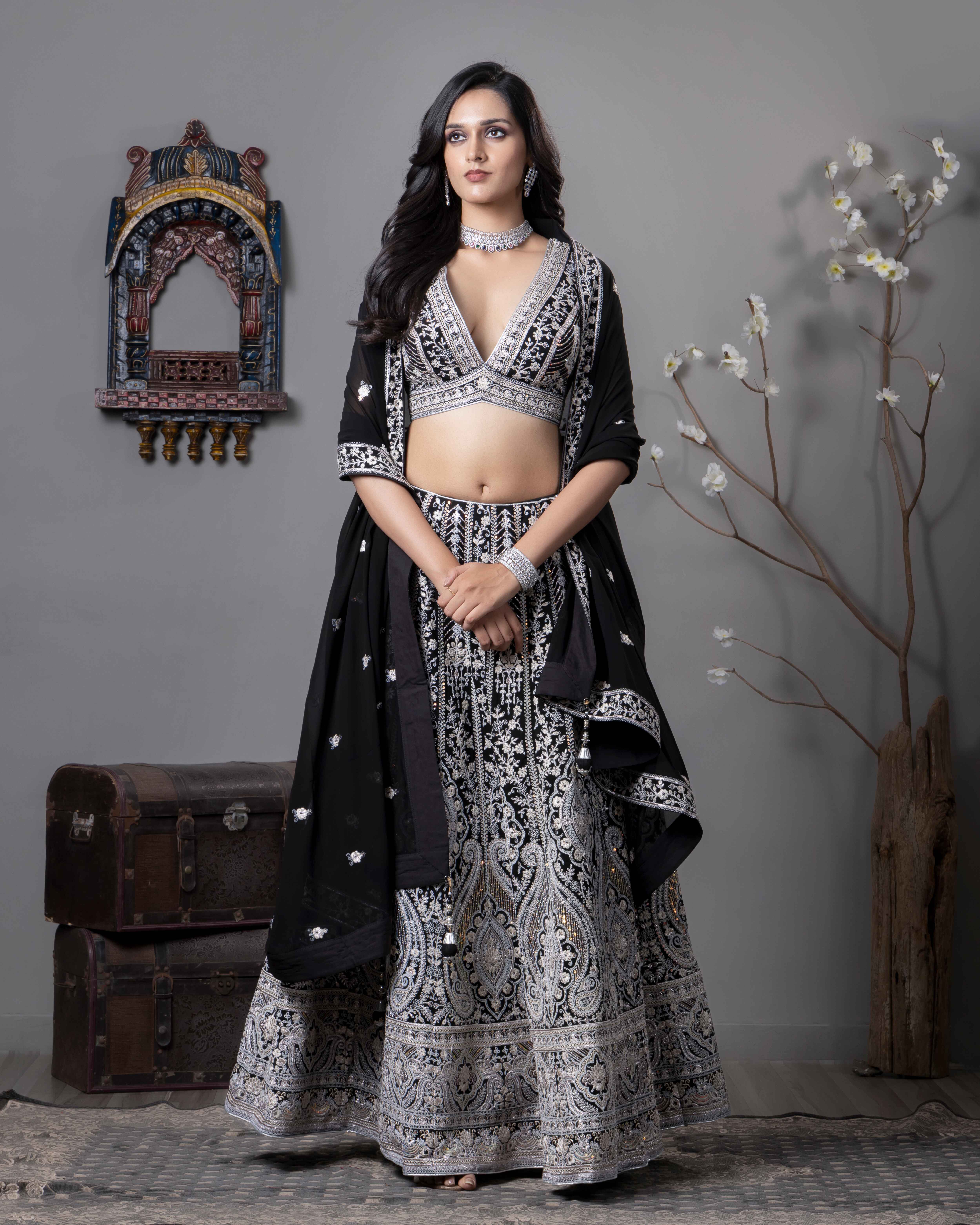Designer Black Lehenga Choli with Dupian Silk Blouse