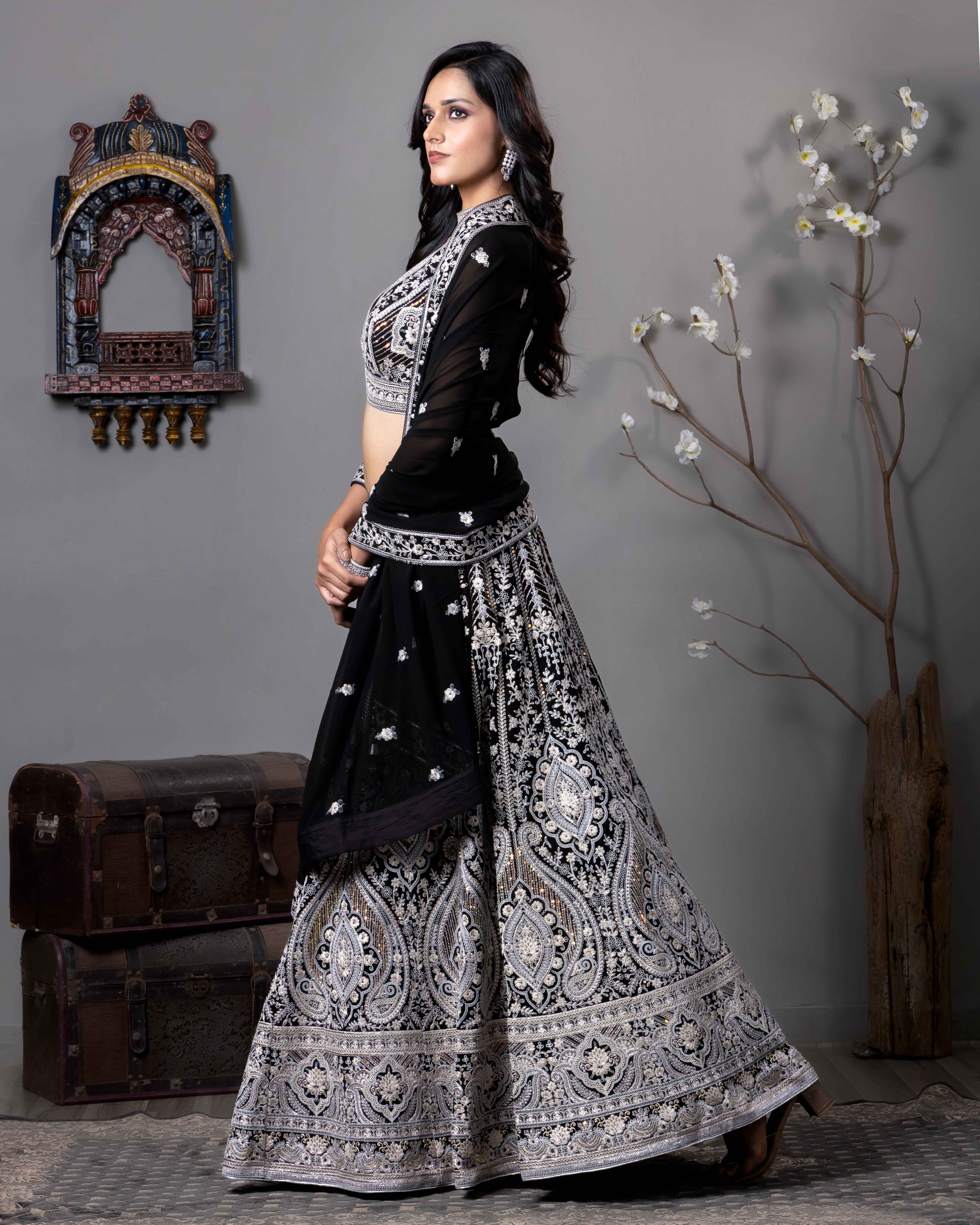 Designer Black Lehenga Choli with Dupian Silk Blouse