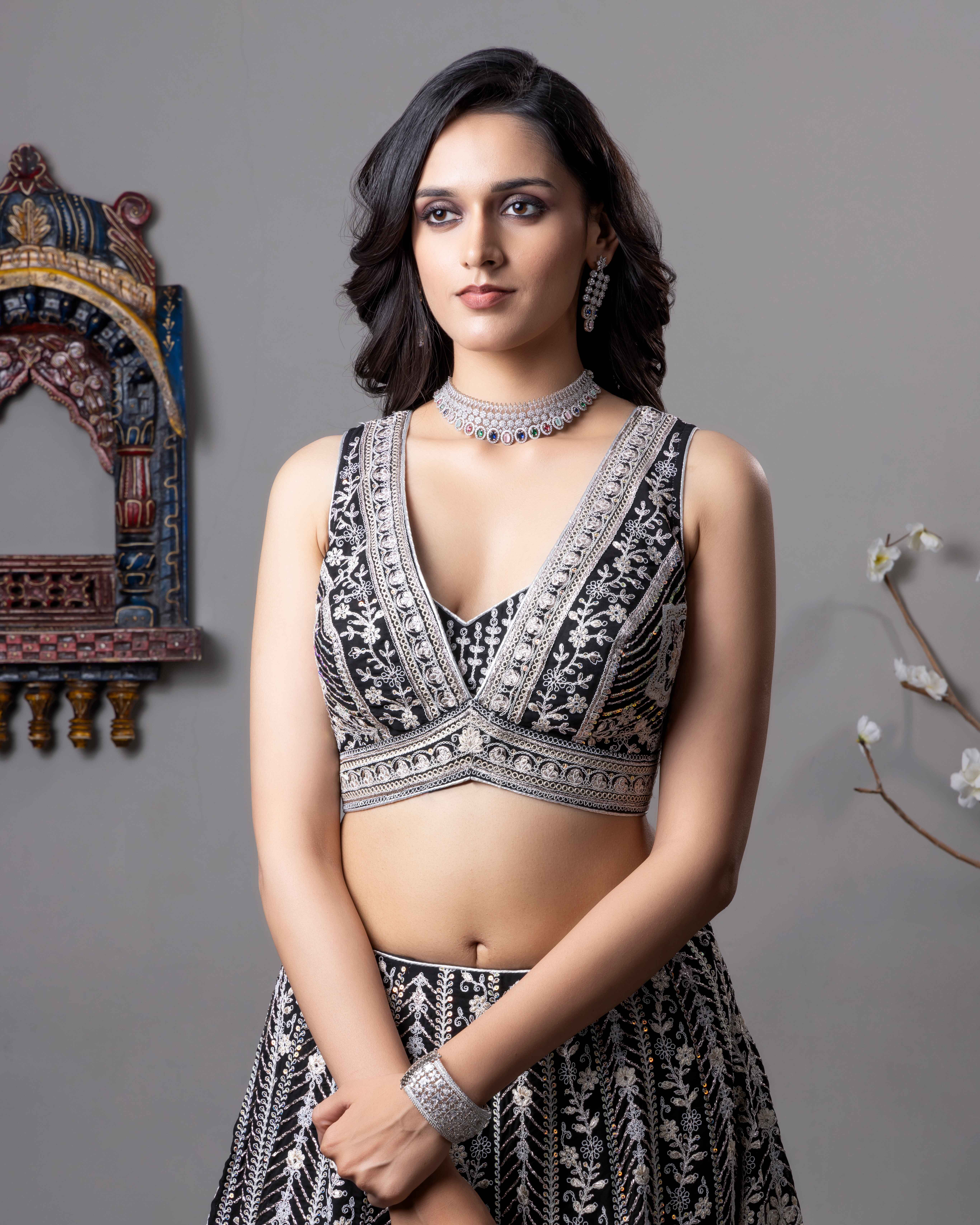 Designer Black Lehenga Choli with Dupian Silk Blouse