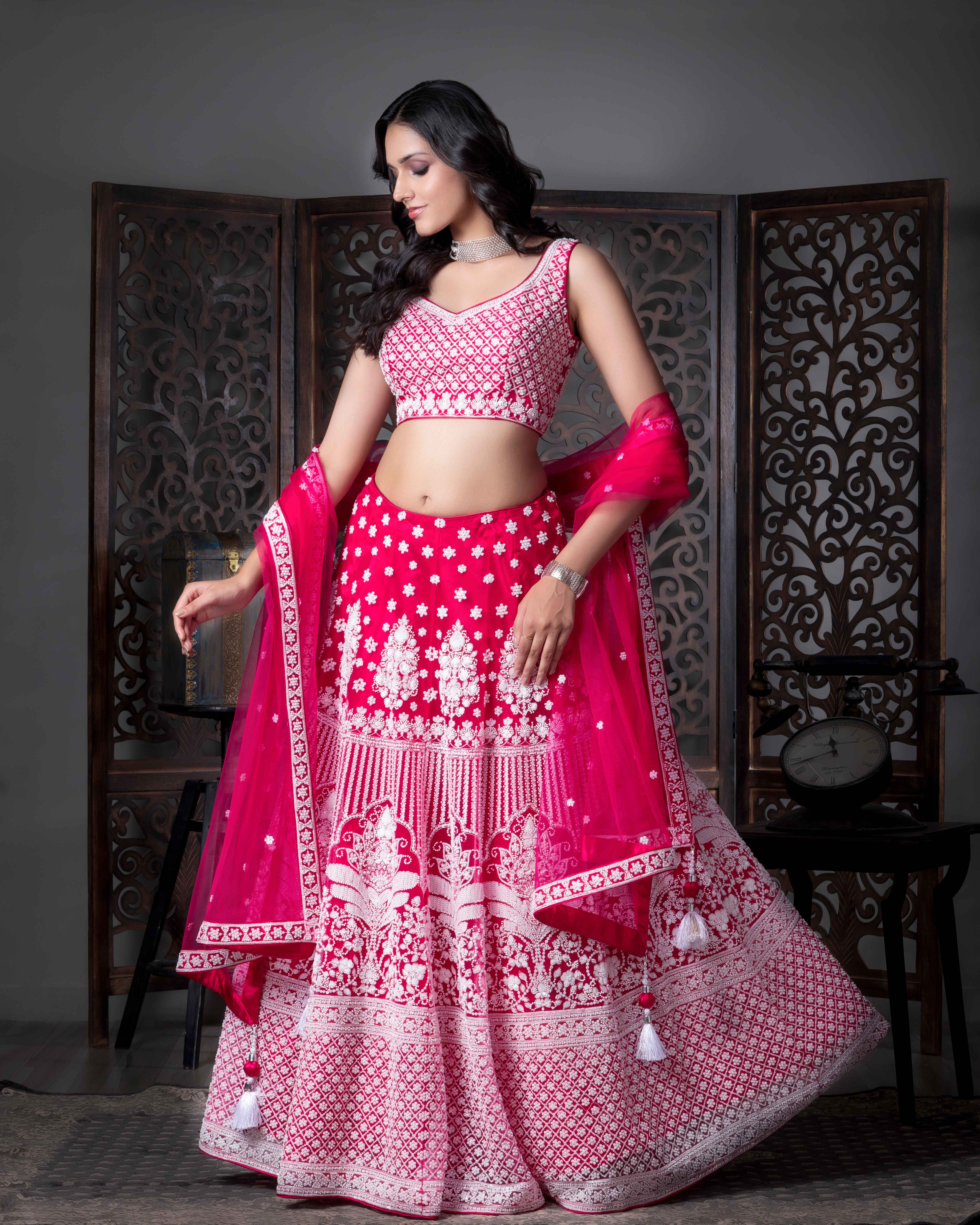 Designer Hot Pink Lehenga Choli with Dupian Silk Blouse