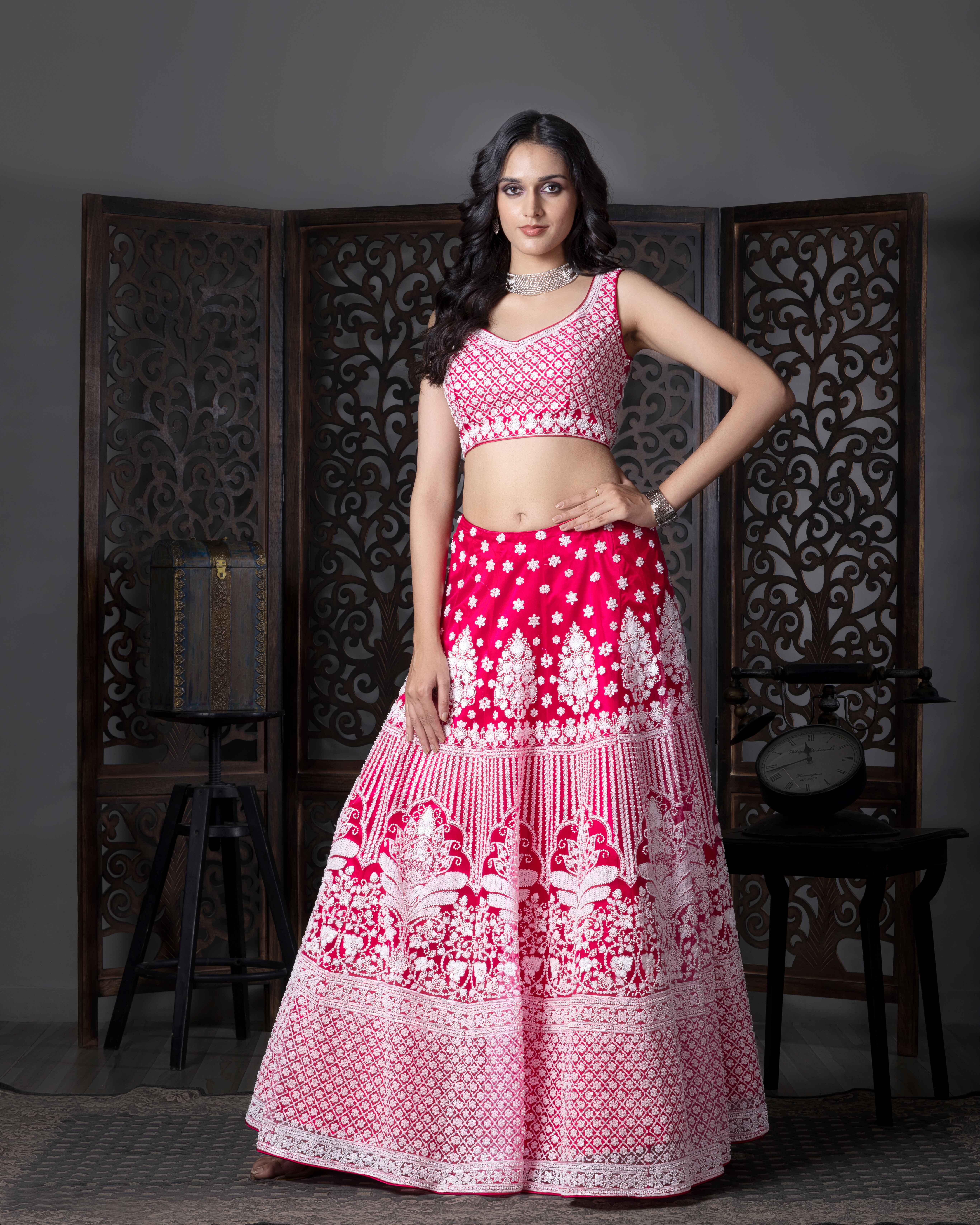Designer Hot Pink Lehenga Choli with Dupian Silk Blouse