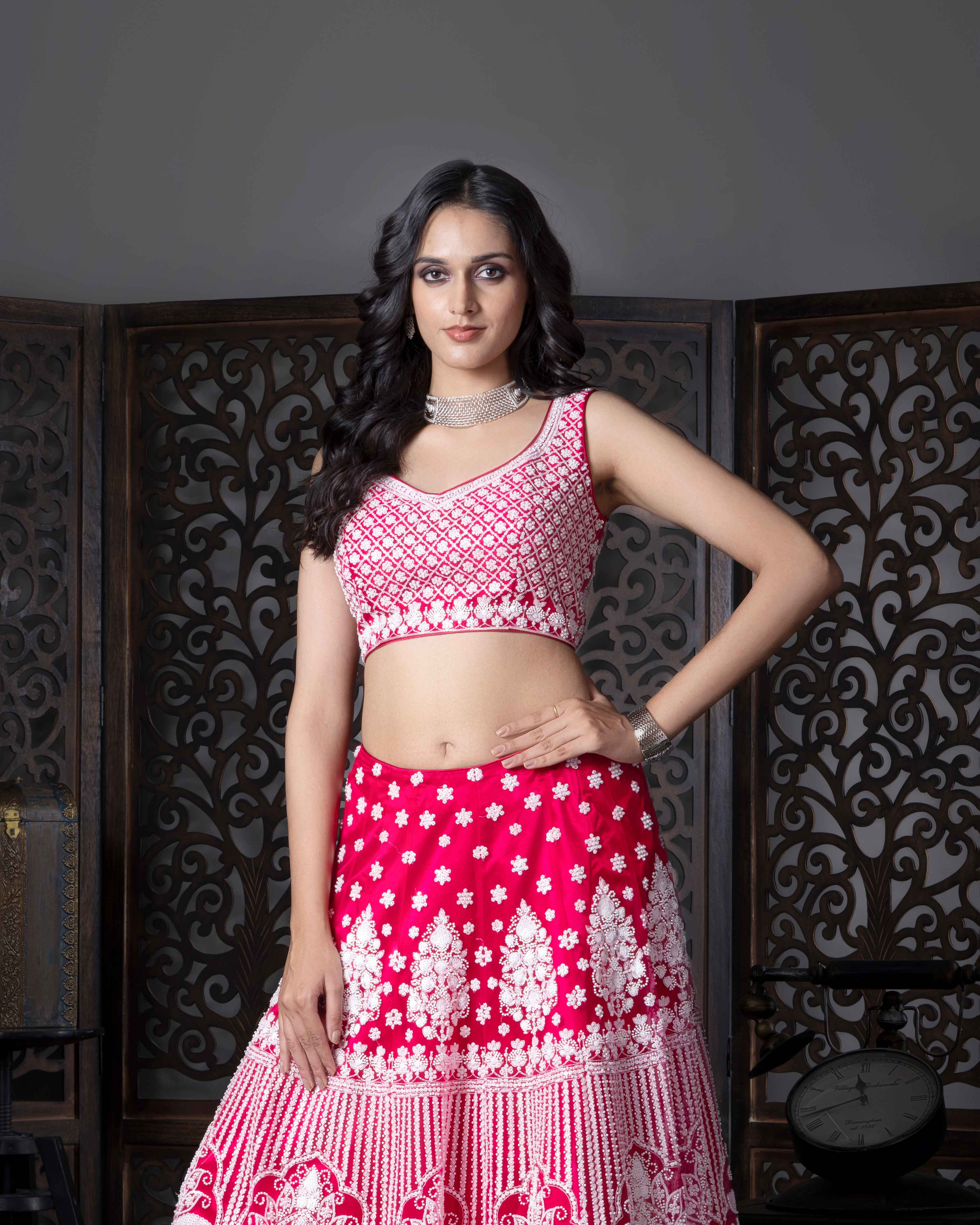 Designer Hot Pink Lehenga Choli with Dupian Silk Blouse